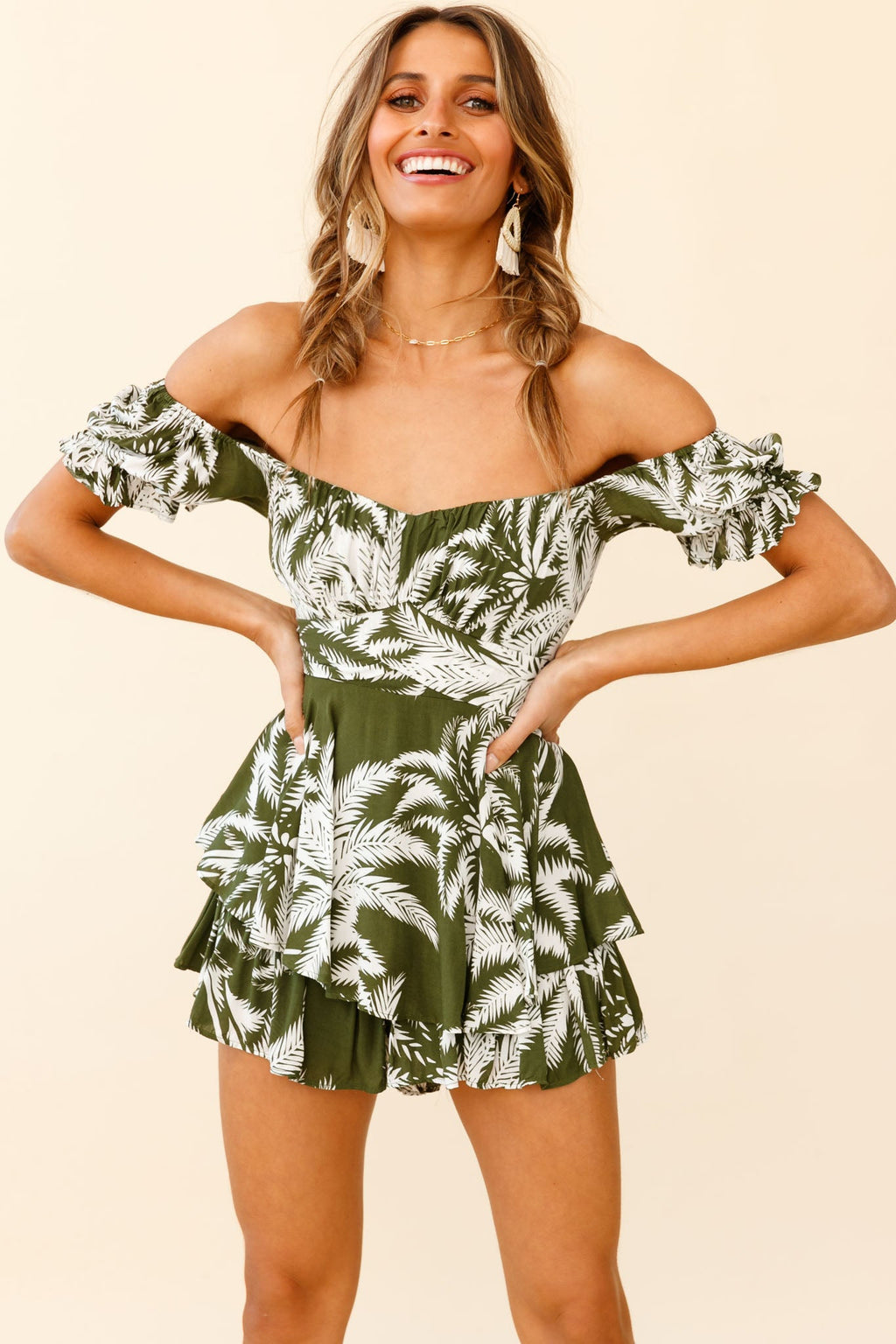 Linka Off-Shoulder Tie Back Romper Palm Print Olive by Selfie Leslie