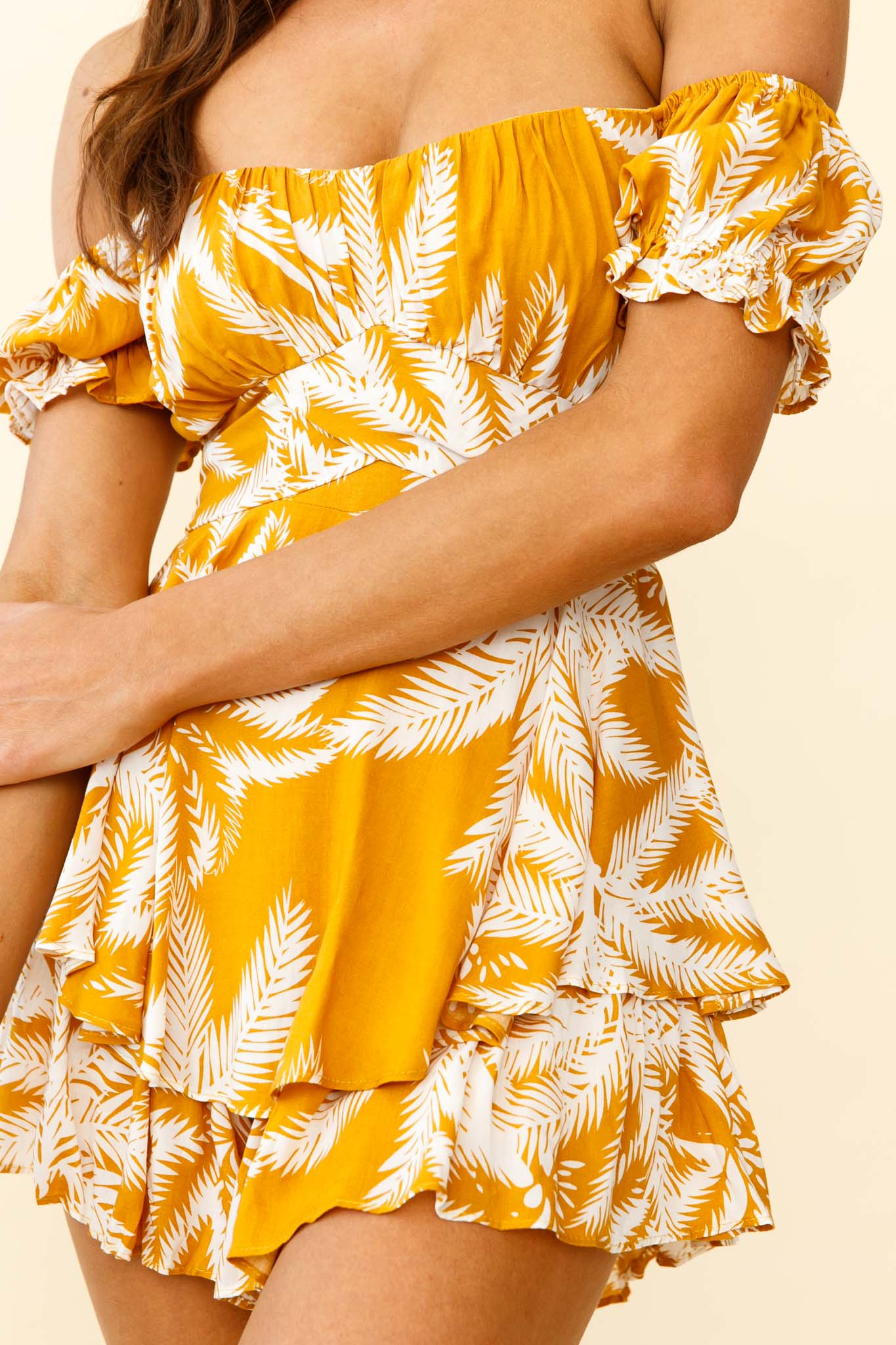 Linka Off-Shoulder Tie Back Romper Palm Print Yellow by Selfie Leslie