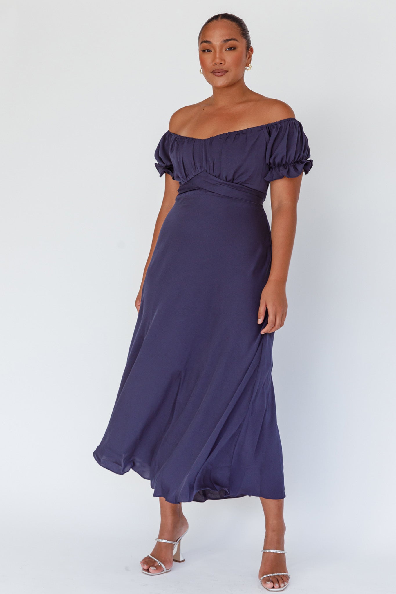 Linka Off-Shoulder Tie Back Midi Dress Navy by Selfie Leslie Australia