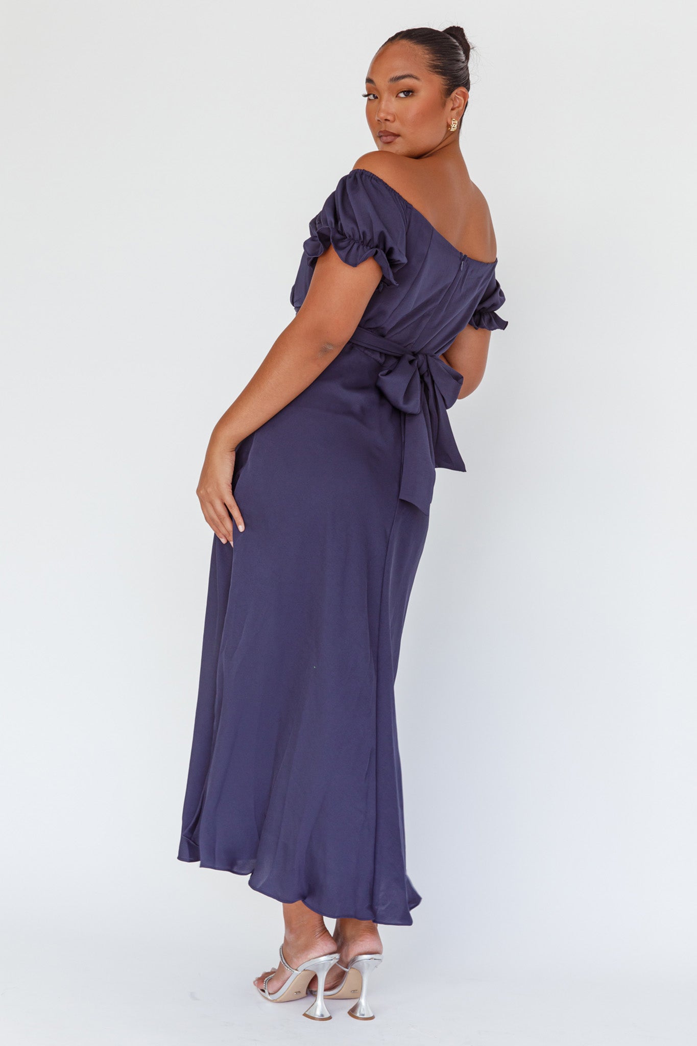 Linka Off-Shoulder Tie Back Midi Dress Navy by Selfie Leslie Australia