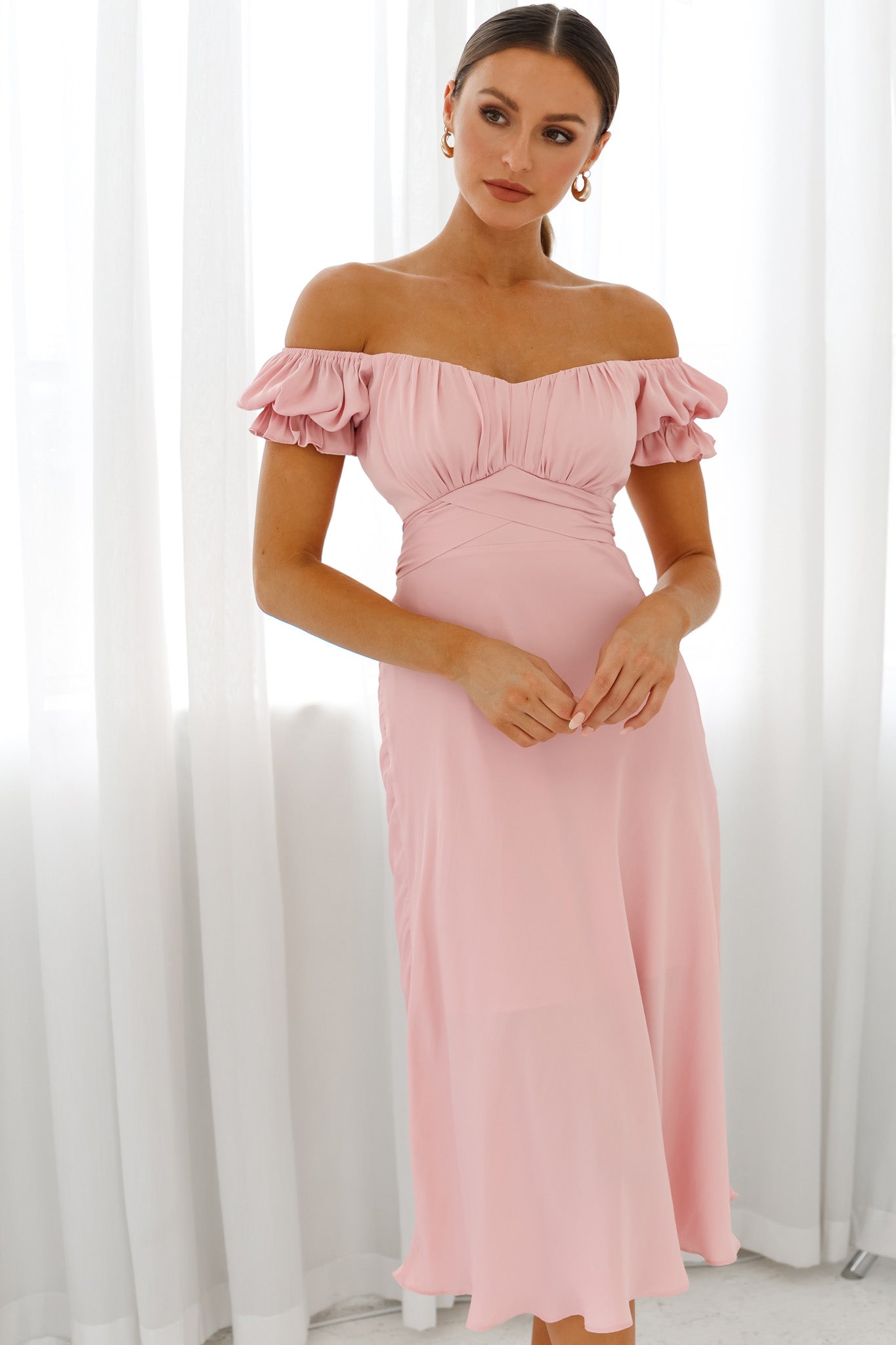 Linka Off-Shoulder Tie Back Midi Dress Blush by Selfie Leslie