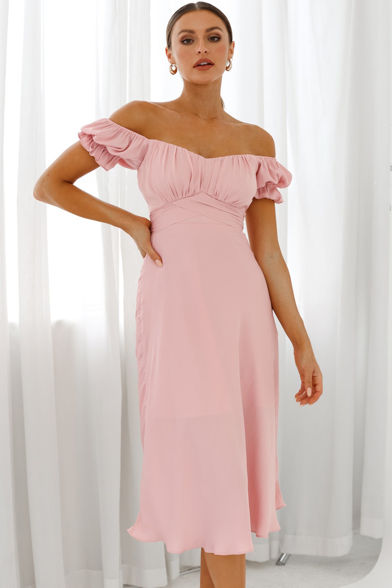 Linka Off-Shoulder Tie Back Midi Dress Blush by Selfie Leslie