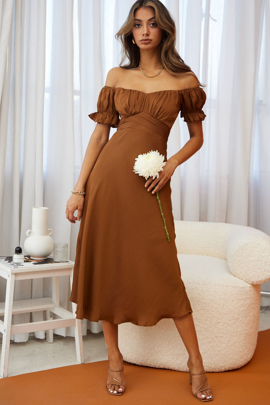 Linka Off-Shoulder Tie Back Midi Dress Chocolate by Selfie Leslie