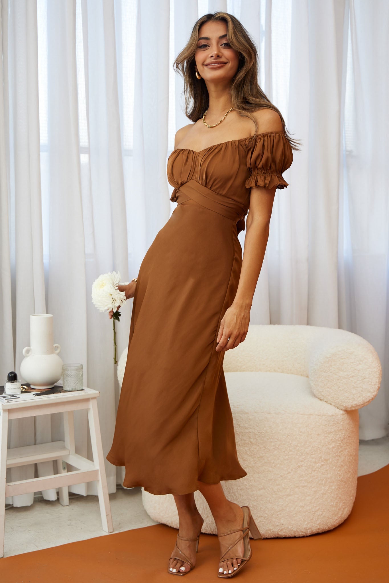 Linka Off-Shoulder Tie Back Midi Dress Chocolate by Selfie Leslie