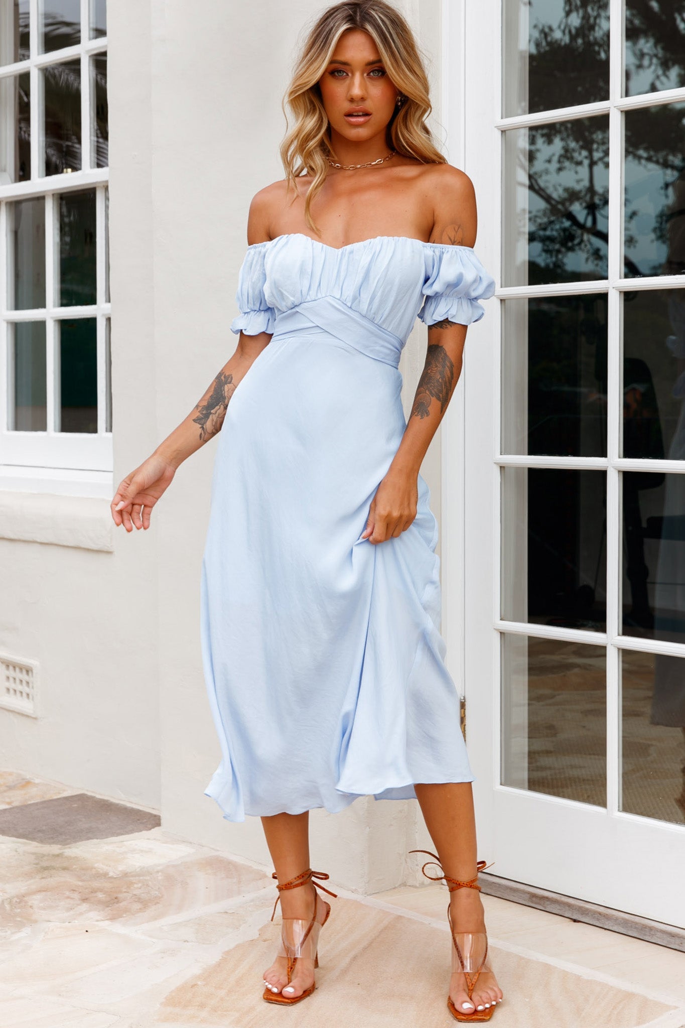 Linka Off-Shoulder Tie Back Midi Dress Steel Blue by Selfie Leslie