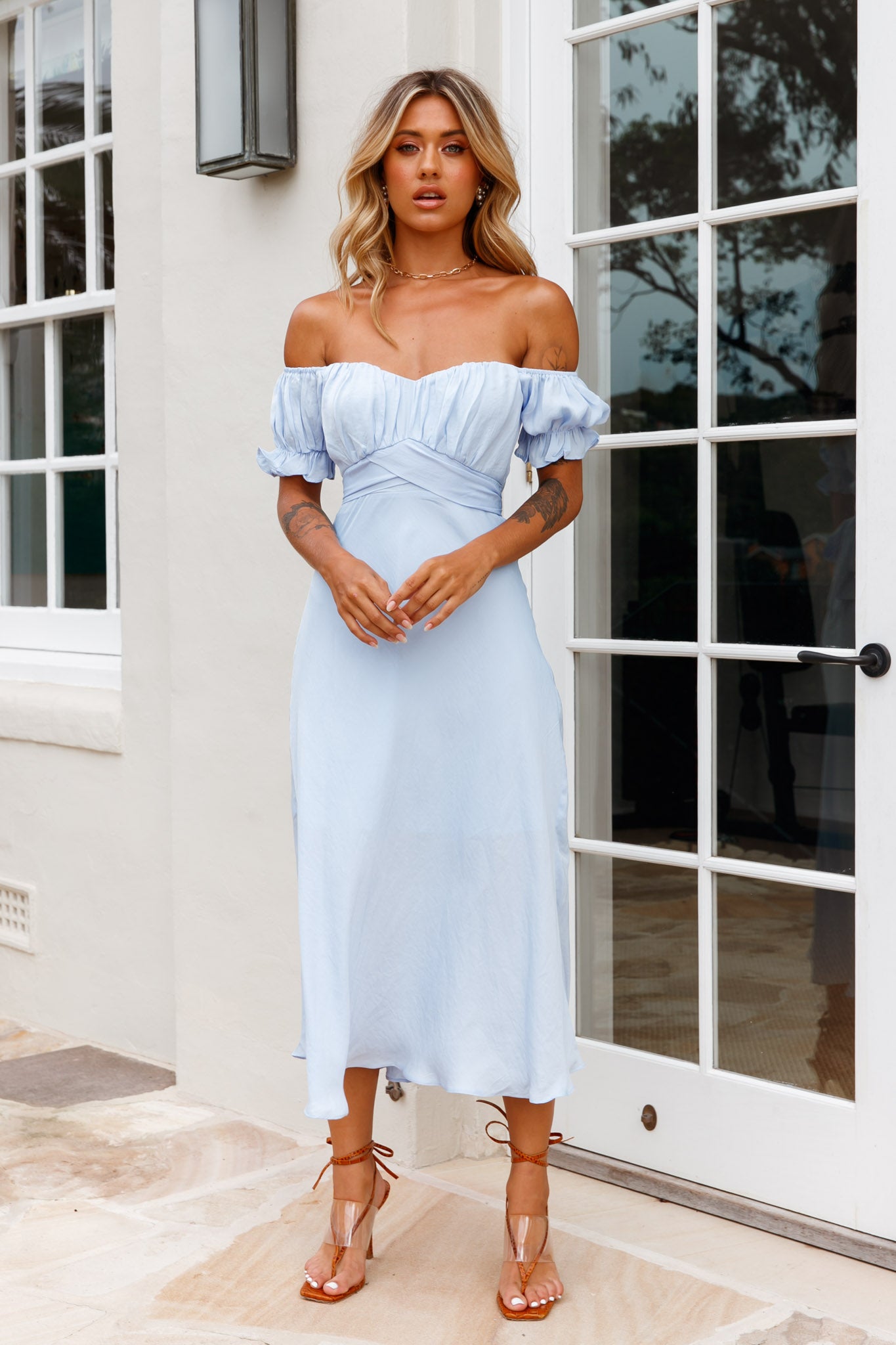 Linka Off-Shoulder Tie Back Midi Dress Steel Blue by Selfie Leslie