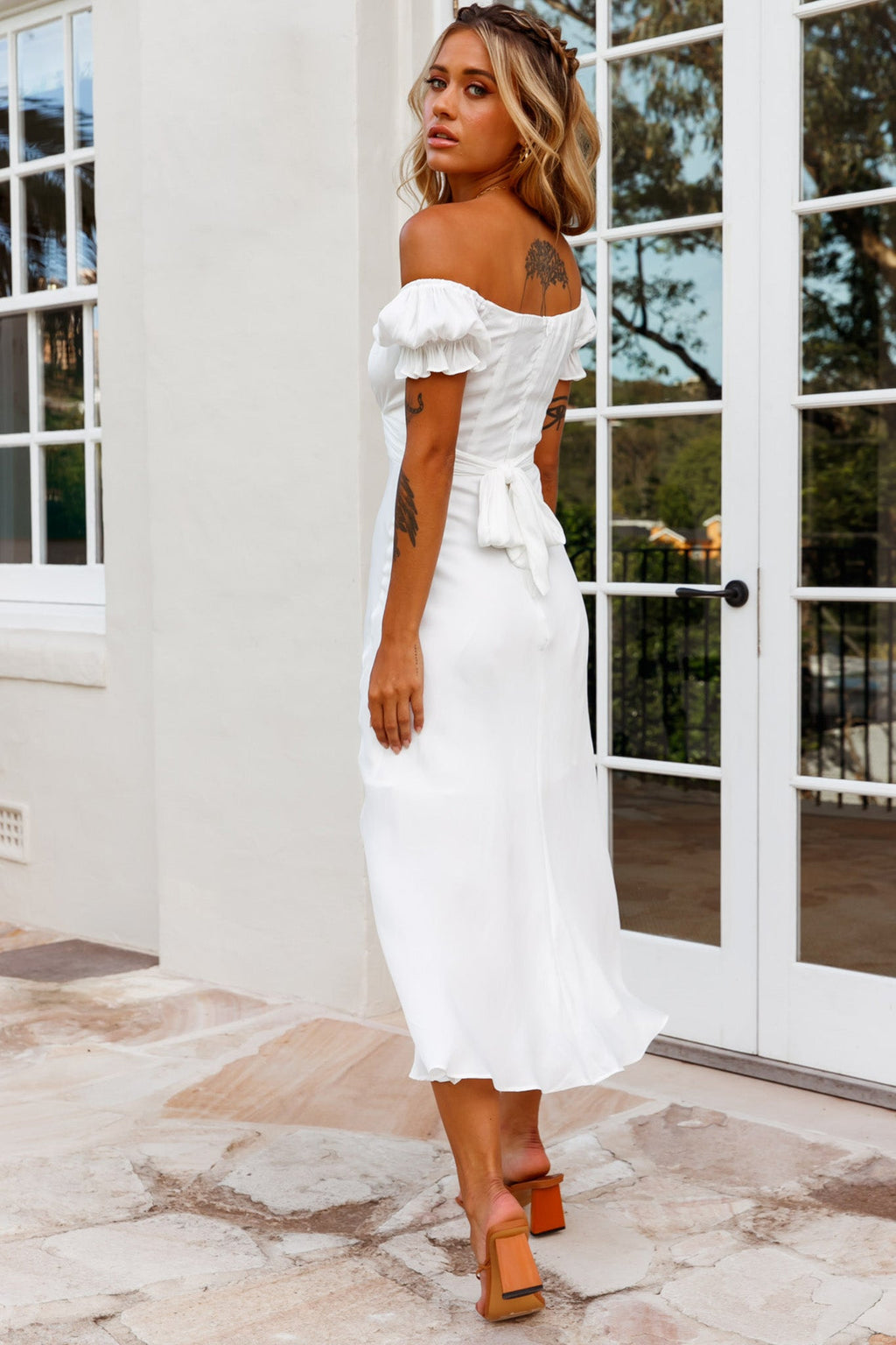Linka Off-Shoulder Tie Back Midi Dress White by Selfie Leslie