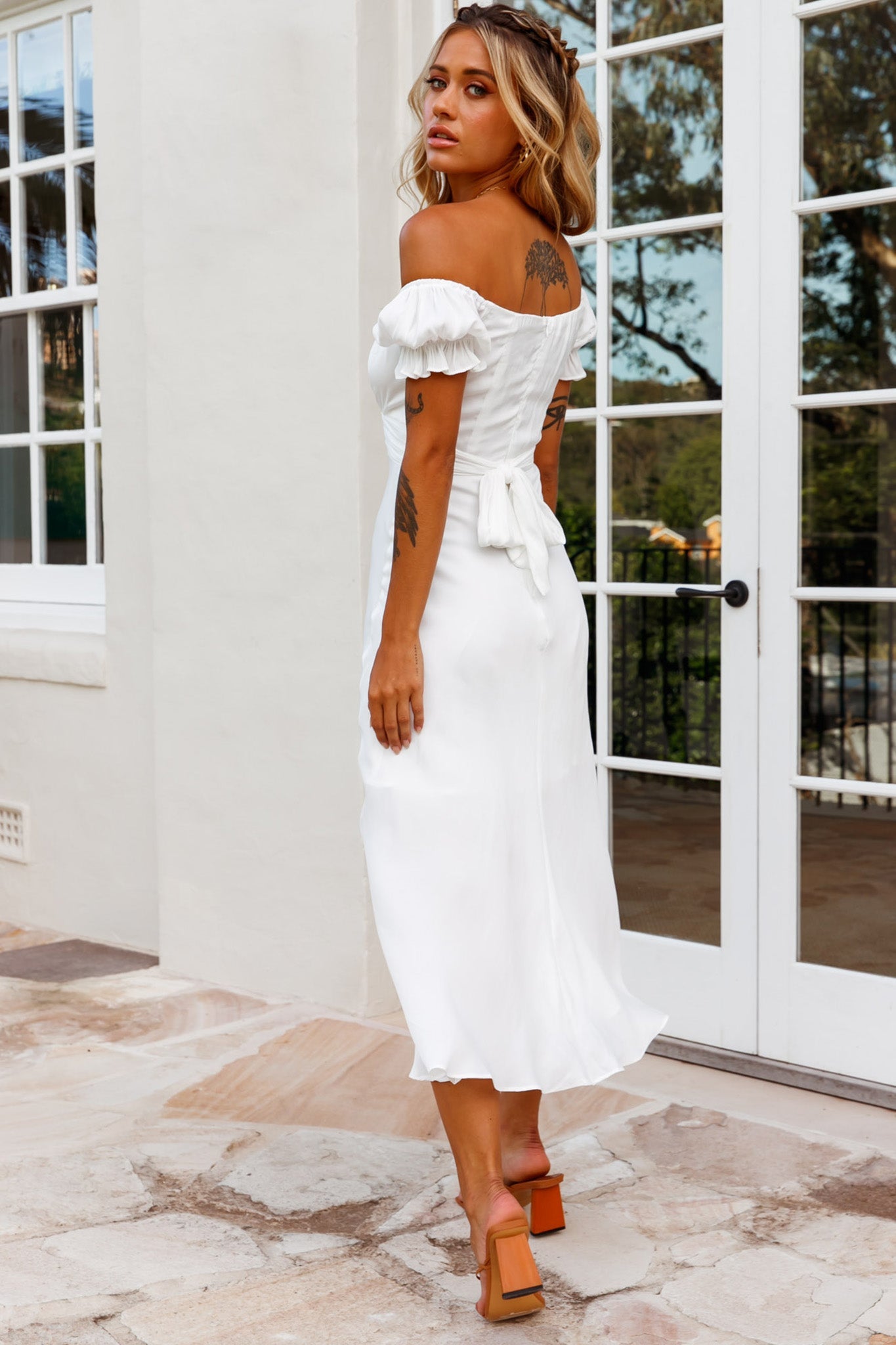 Linka Off-Shoulder Tie Back Midi Dress White by Selfie Leslie