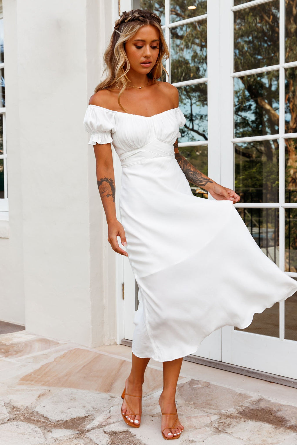 Linka Off-Shoulder Tie Back Midi Dress White by Selfie Leslie