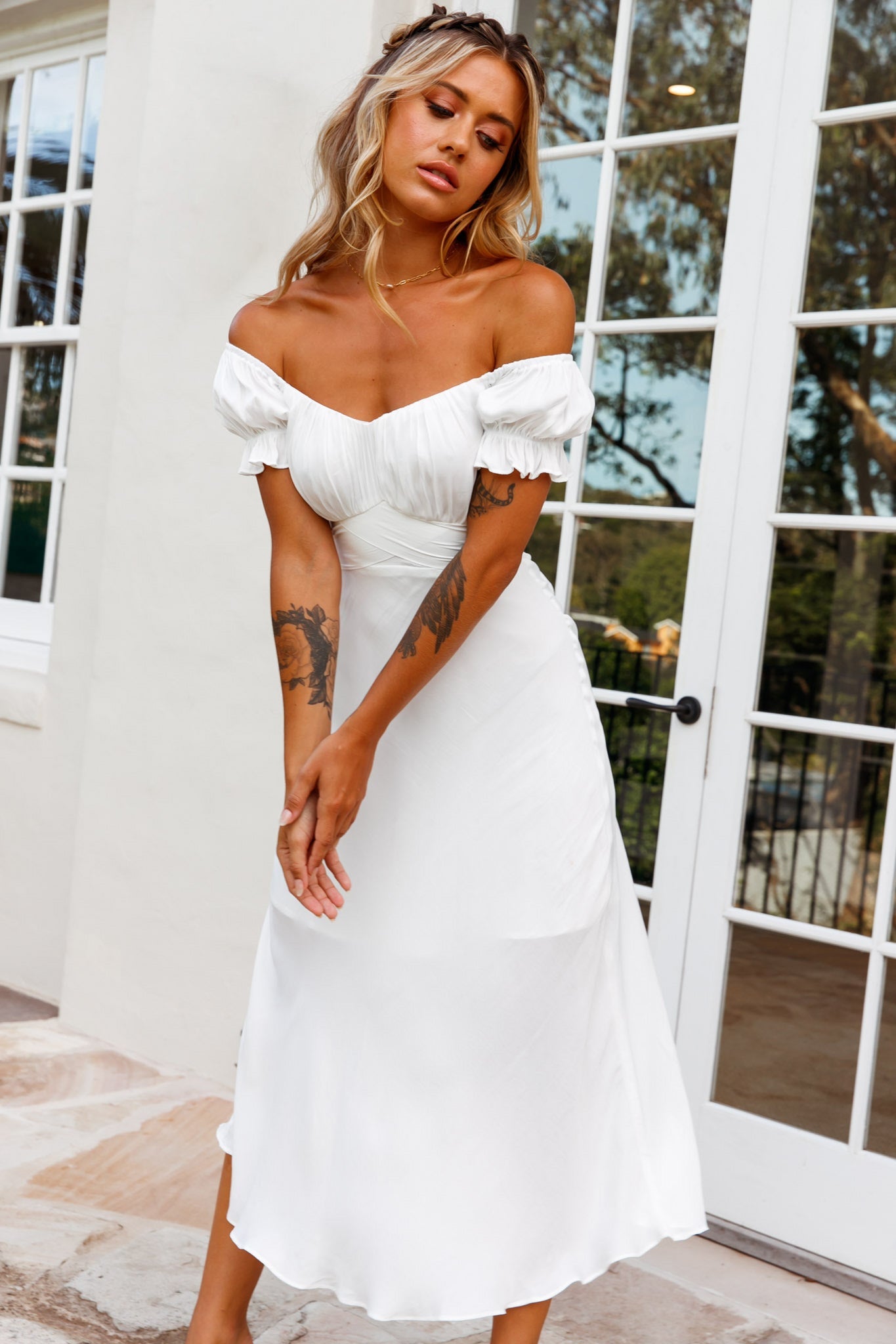 Linka Off-Shoulder Tie Back Midi Dress White by Selfie Leslie
