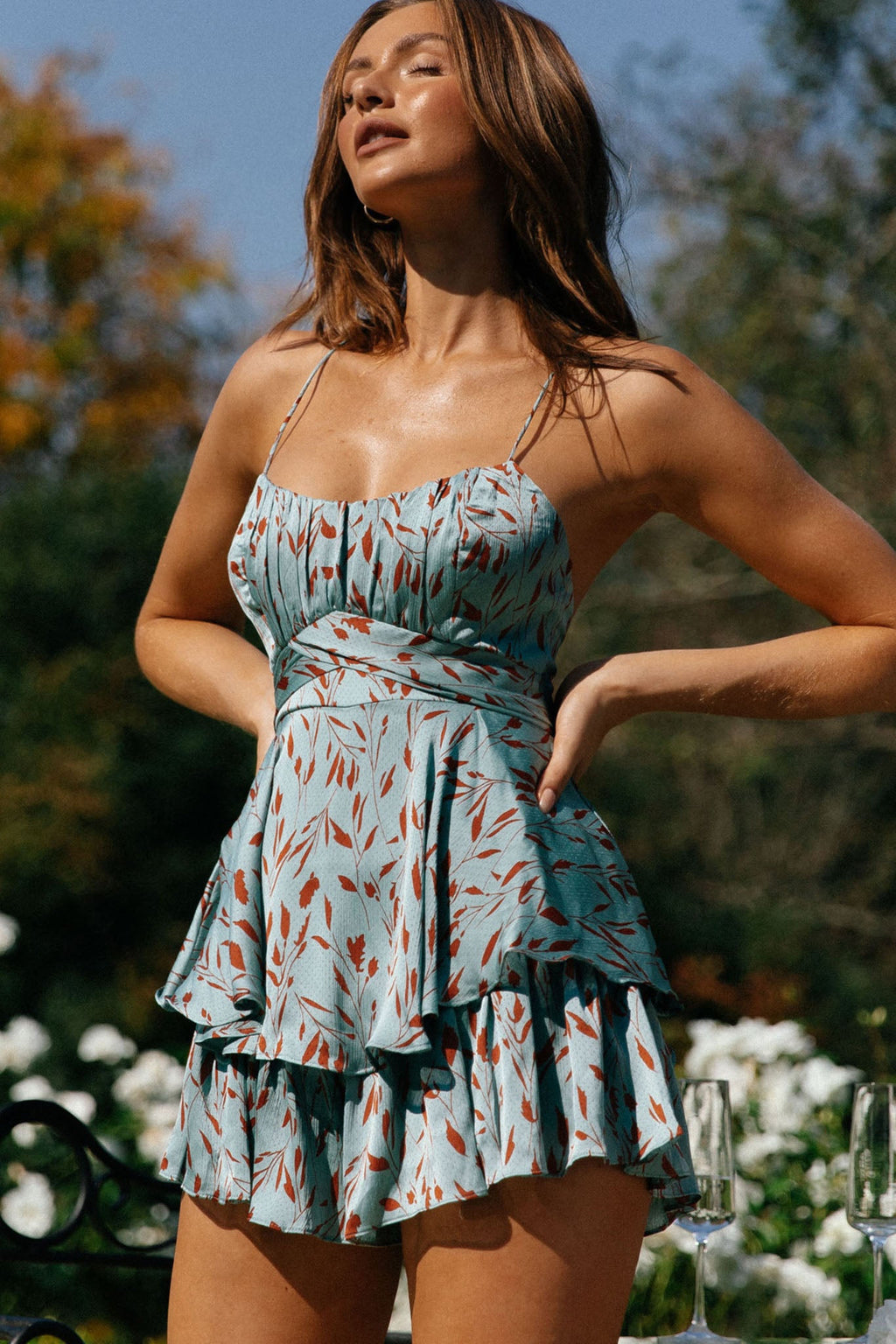 Linka Cami Strap Tie-Back Romper Leaf Print Teal by Selfie Leslie