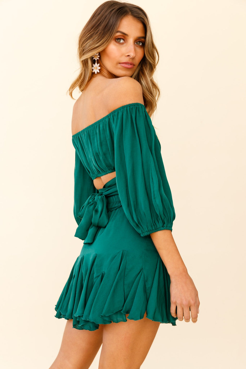 Linka Off-Shoulder Half Sleeve Tie-Back Crop Top Forest Green by Selfie Leslie
