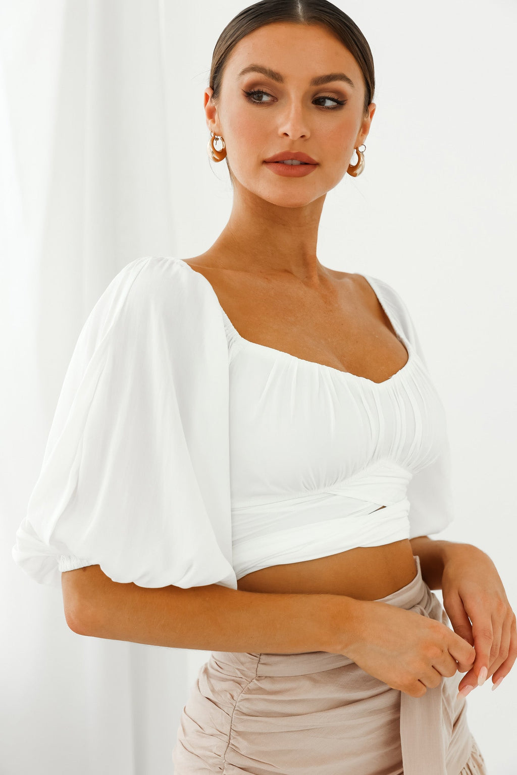 Linka Off-Shoulder Half Sleeve Tie-Back Crop Top White by Selfie Leslie