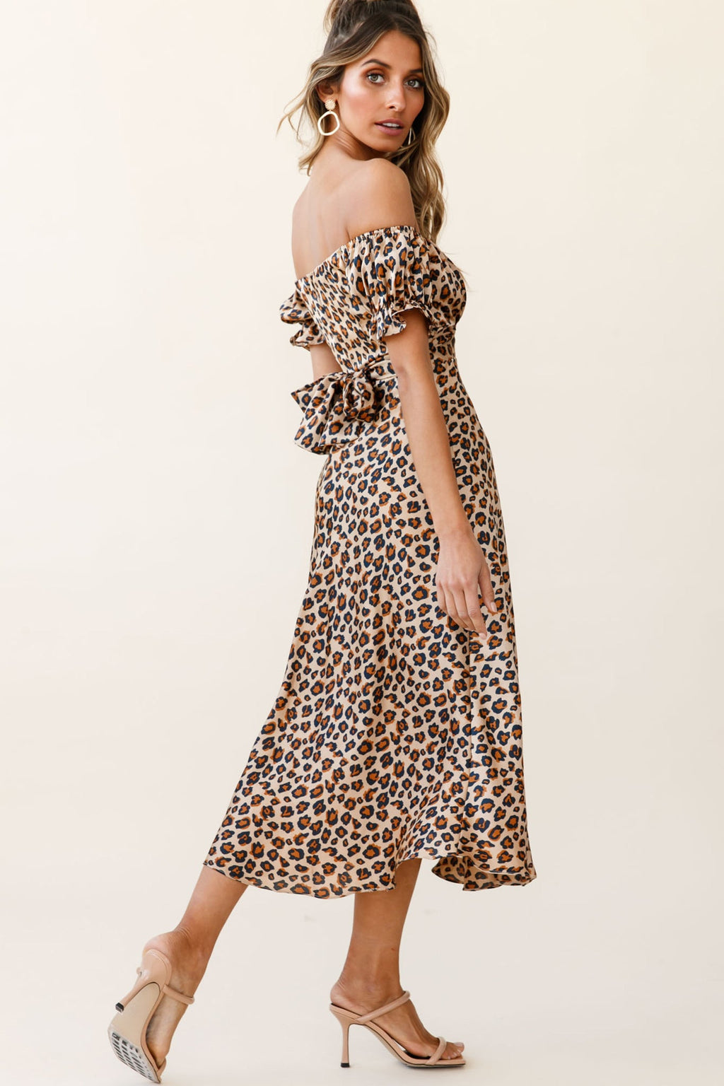 Linka Off-Shoulder Tie Back Midi Dress Leopard Print Brown by Selfie Leslie