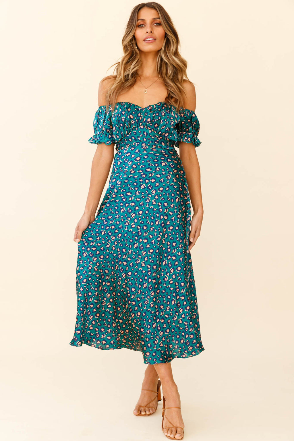 Linka Off-Shoulder Tie Back Midi Dress Leopard Print Green by Selfie Leslie