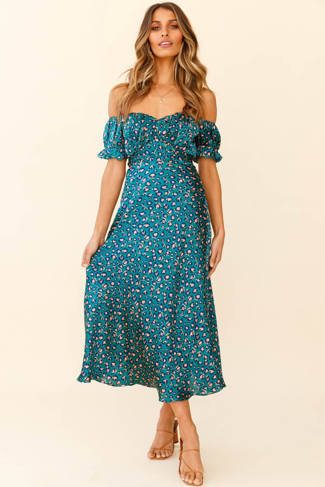 Linka Off-Shoulder Tie Back Midi Dress Leopard Print Green by Selfie Leslie