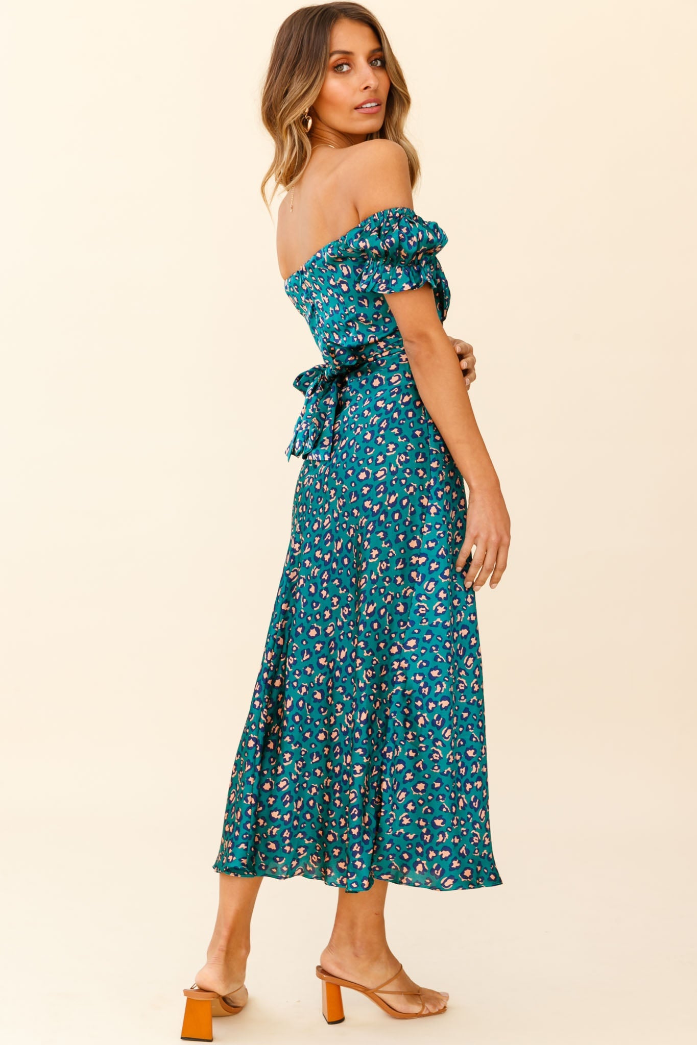 Linka Off-Shoulder Tie Back Midi Dress Leopard Print Green by Selfie Leslie