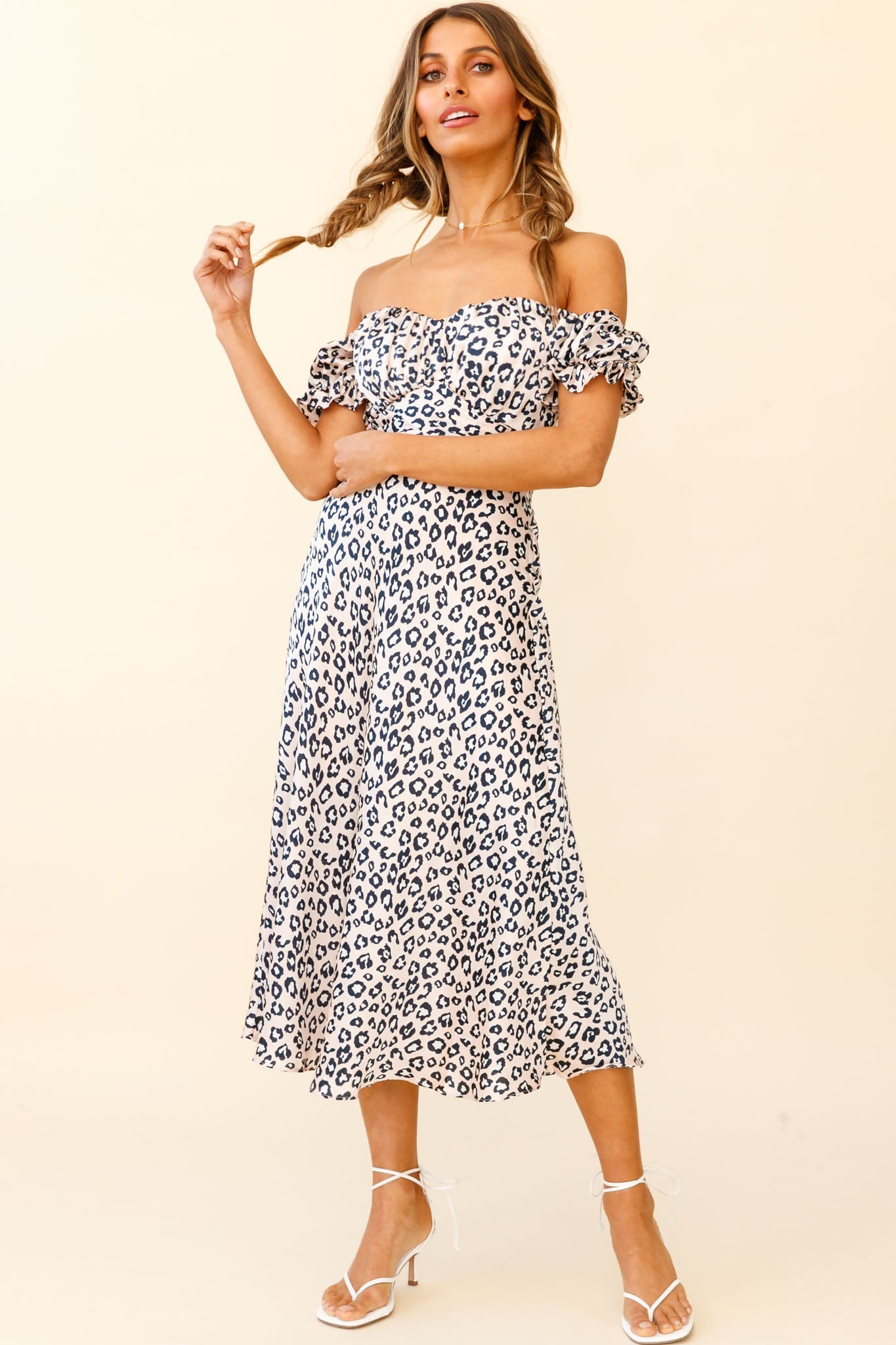 Linka Off-Shoulder Tie Back Midi Dress Leopard Print Pink by Selfie Leslie