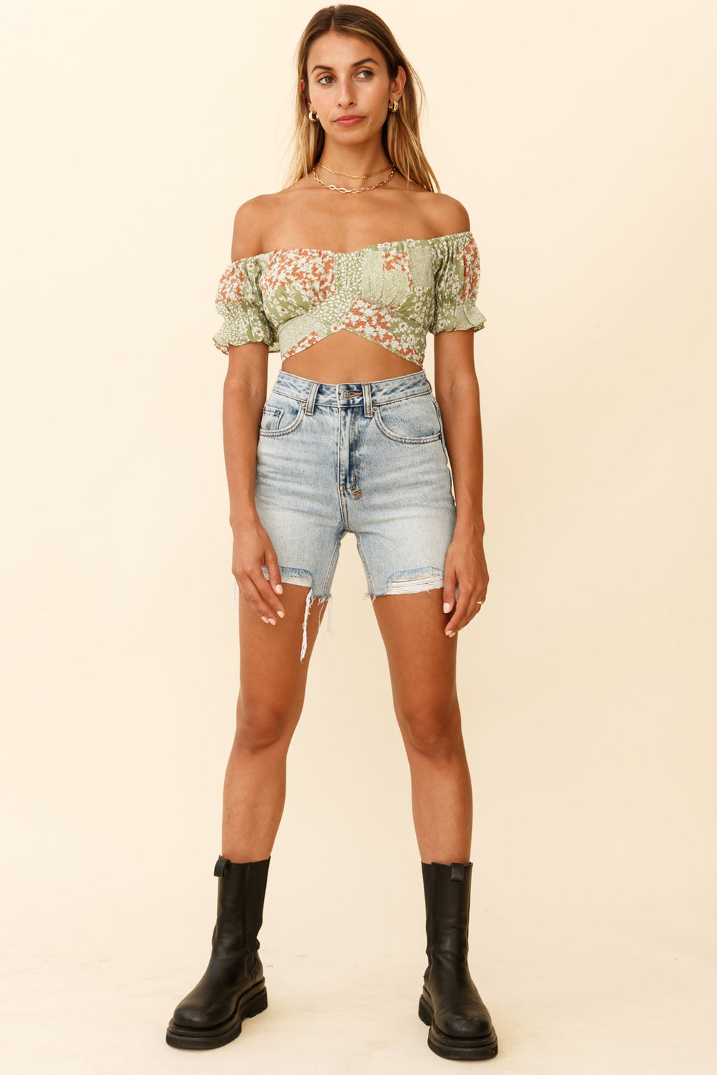 Linka Off-Shoulder Tie-Back Crop Top Mini Flower Print Green by Selfie Leslie