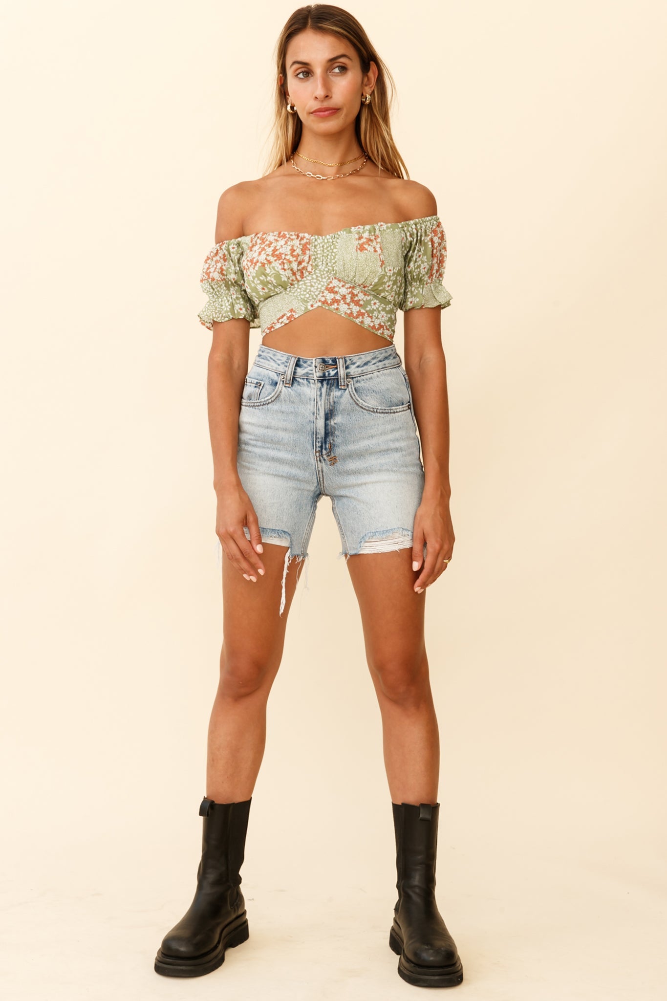 Linka Off-Shoulder Tie-Back Crop Top Mini Flower Print Green by Selfie Leslie