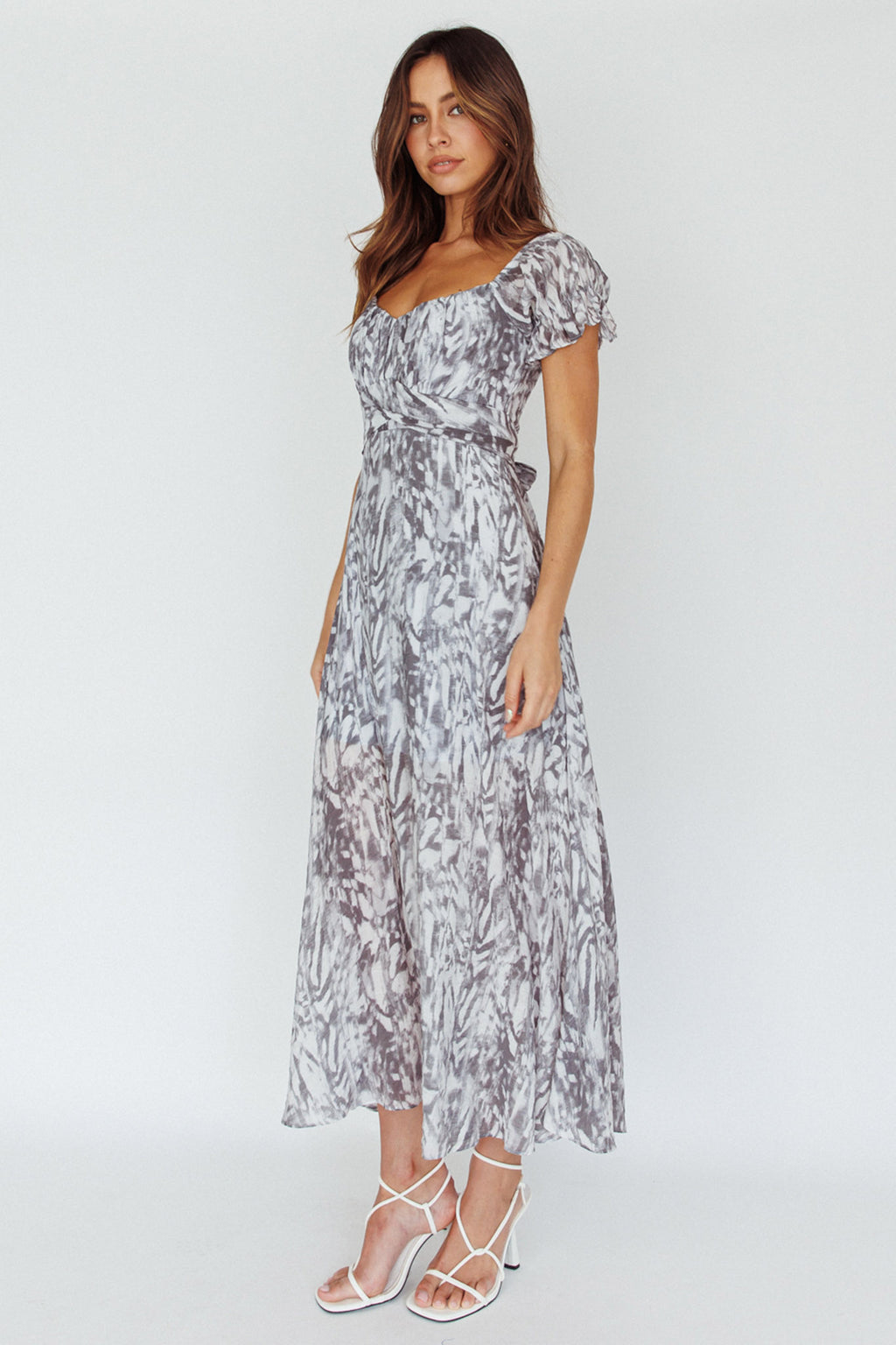 Linka Off-Shoulder Tie Back Midi Dress Printed Grey by Selfie Leslie Australia