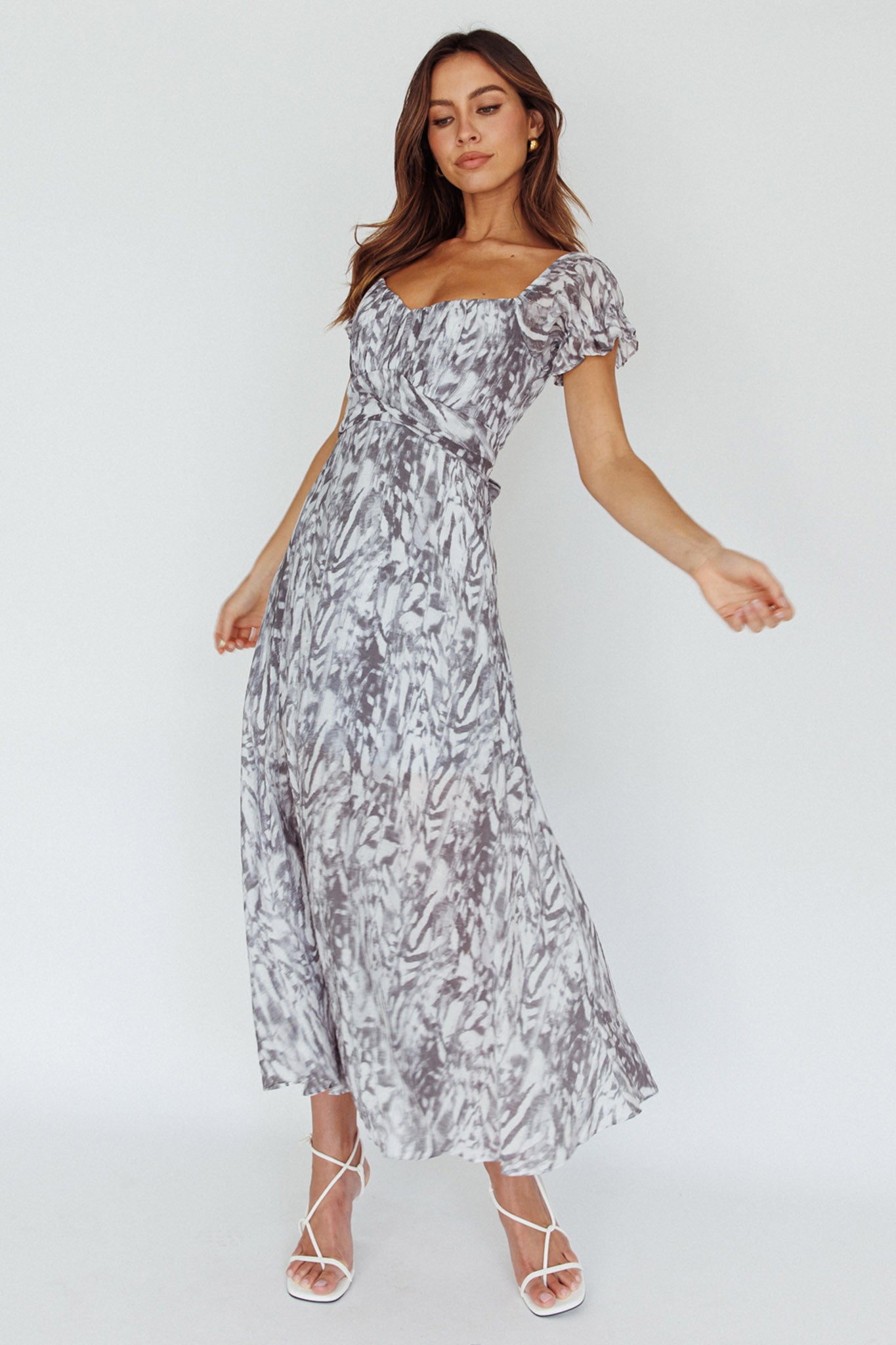 Linka Off-Shoulder Tie Back Midi Dress Printed Grey by Selfie Leslie Australia