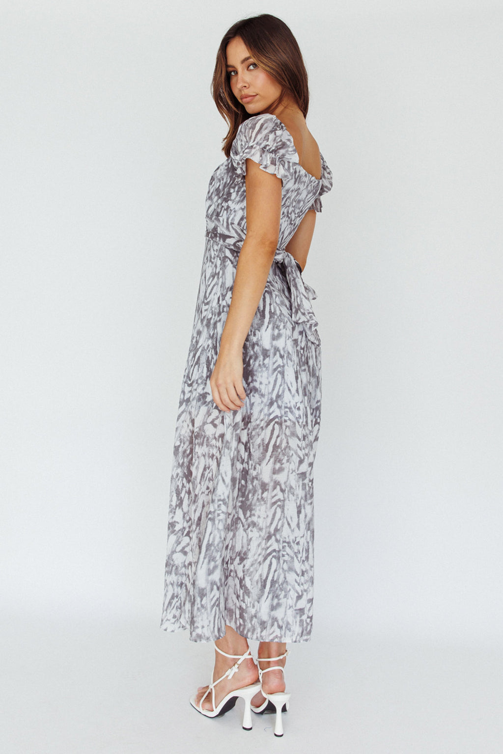 Linka Off-Shoulder Tie Back Midi Dress Printed Grey by Selfie Leslie Australia