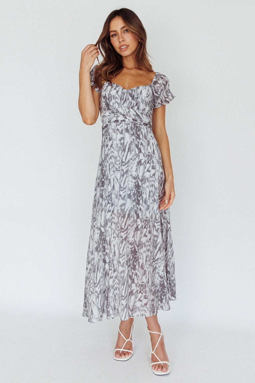 Linka Off-Shoulder Tie Back Midi Dress Printed Grey by Selfie Leslie Australia
