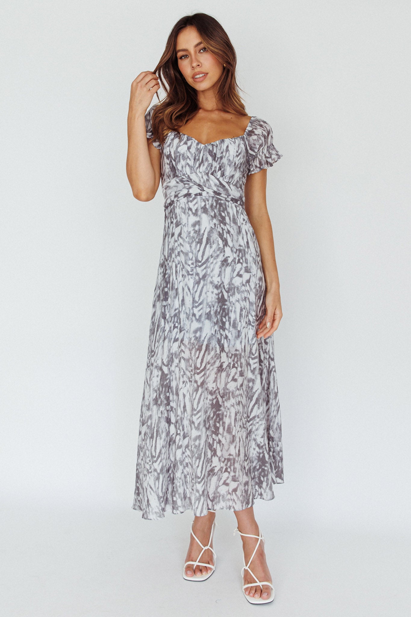 Linka Off-Shoulder Tie Back Midi Dress Printed Grey by Selfie Leslie Australia