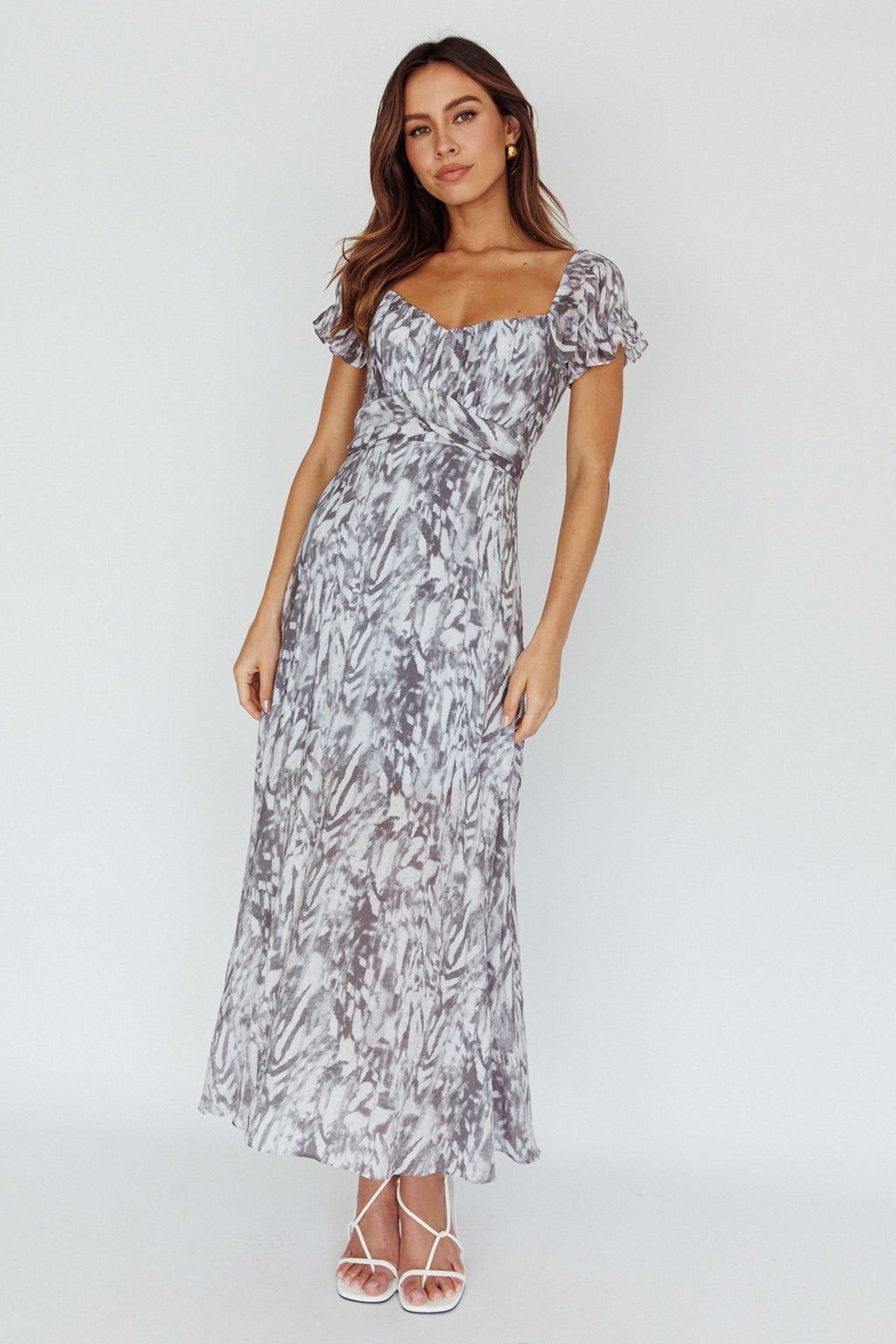 Linka Off-Shoulder Tie Back Midi Dress Printed Grey by Selfie Leslie Australia
