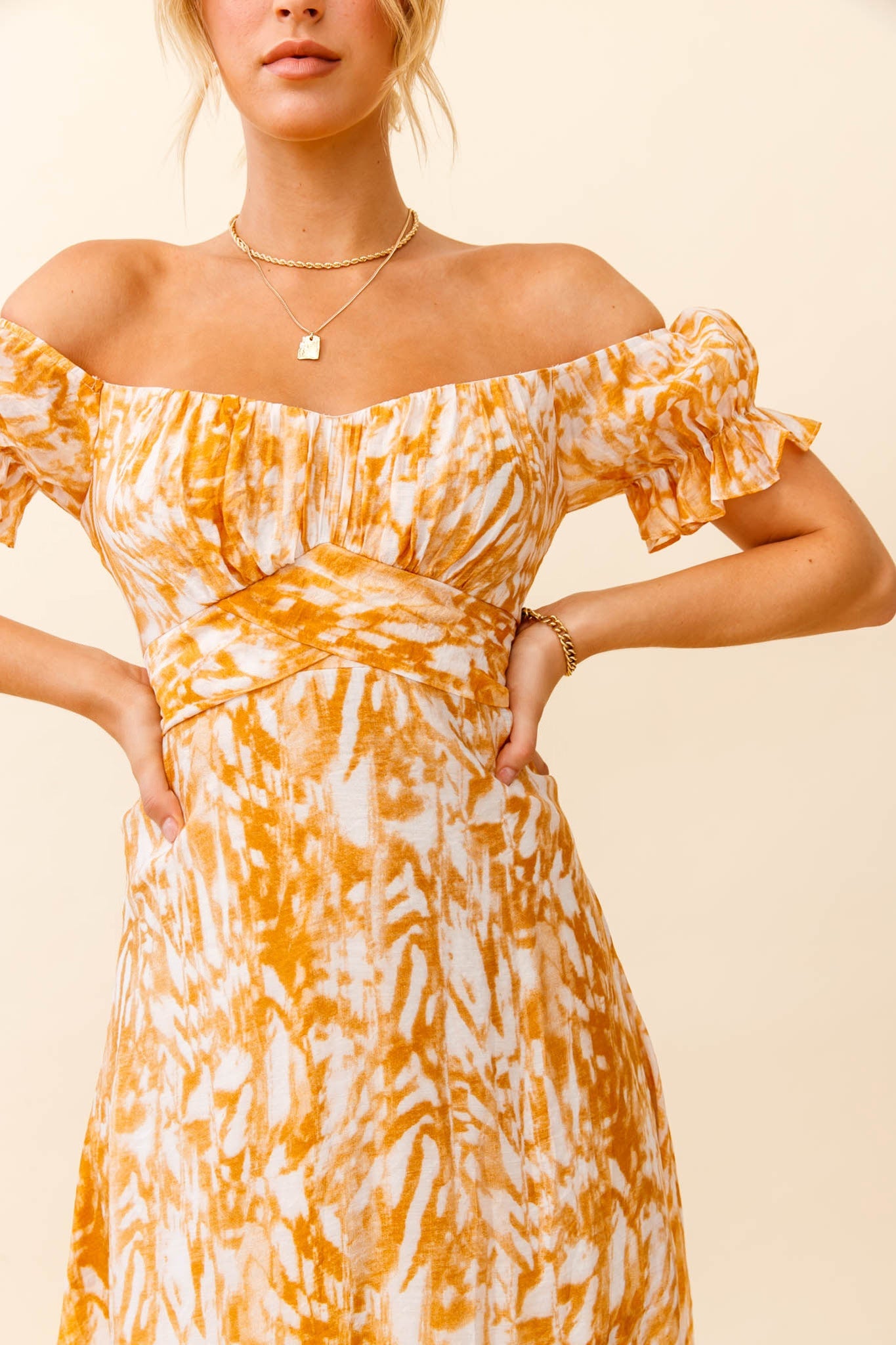 Linka Off-Shoulder Tie Back Midi Dress Printed Orange by Selfie Leslie