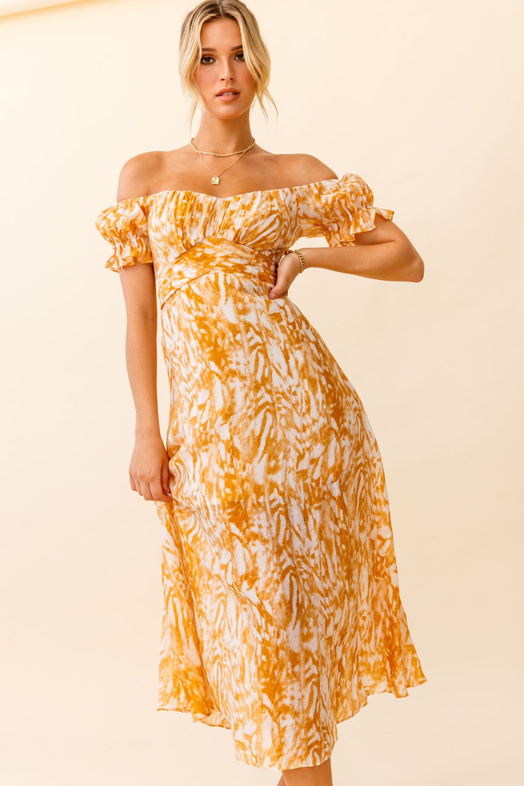 Linka Off-Shoulder Tie Back Midi Dress Printed Orange by Selfie Leslie