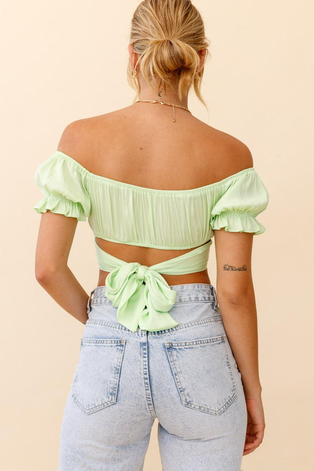Linka Off-Shoulder Tie-Back Crop Top Apple by Selfie Leslie