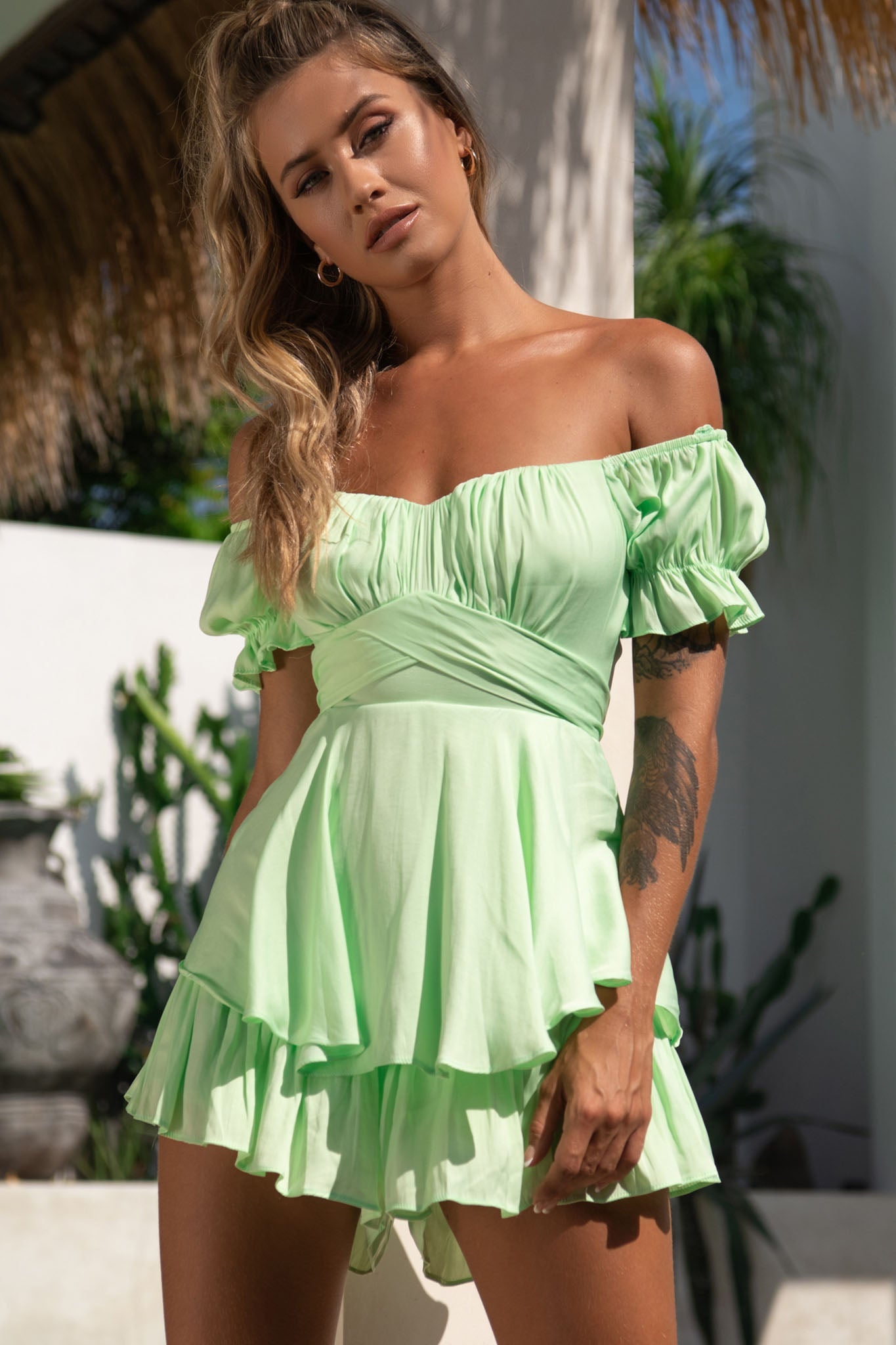 Linka Off-Shoulder Tie Back Romper Apple by Selfie Leslie