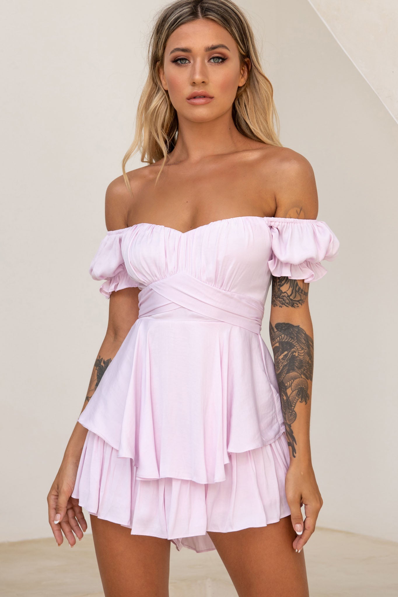 Linka Off-Shoulder Tie Back Romper Light Lilac by Selfie Leslie