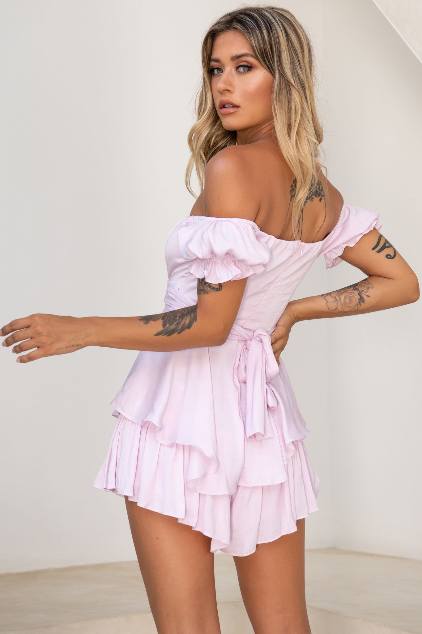 Linka Off-Shoulder Tie Back Romper Light Lilac by Selfie Leslie