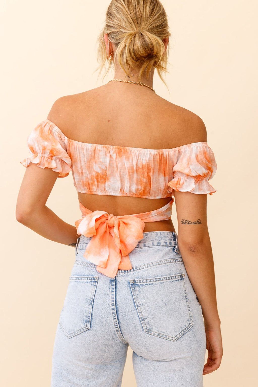 Linka Off-Shoulder Tie-Back Crop Top Tie-Dye Orange by Selfie Leslie