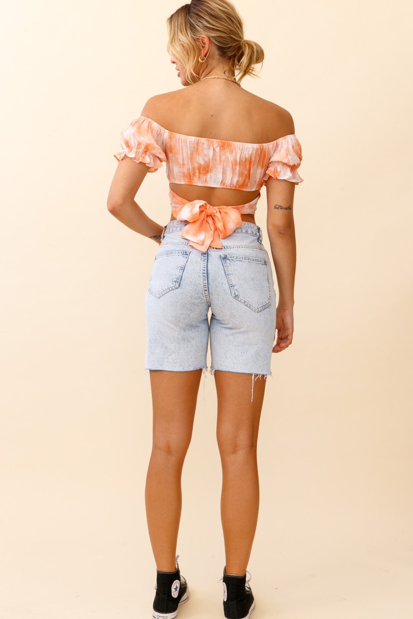 Linka Off-Shoulder Tie-Back Crop Top Tie-Dye Orange by Selfie Leslie