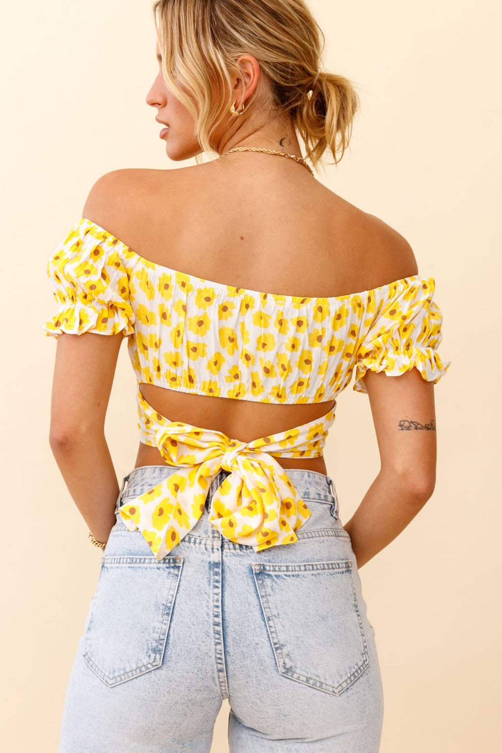 Linka Off-Shoulder Tie-Back Crop Top Flower Print Yellow by Selfie Leslie