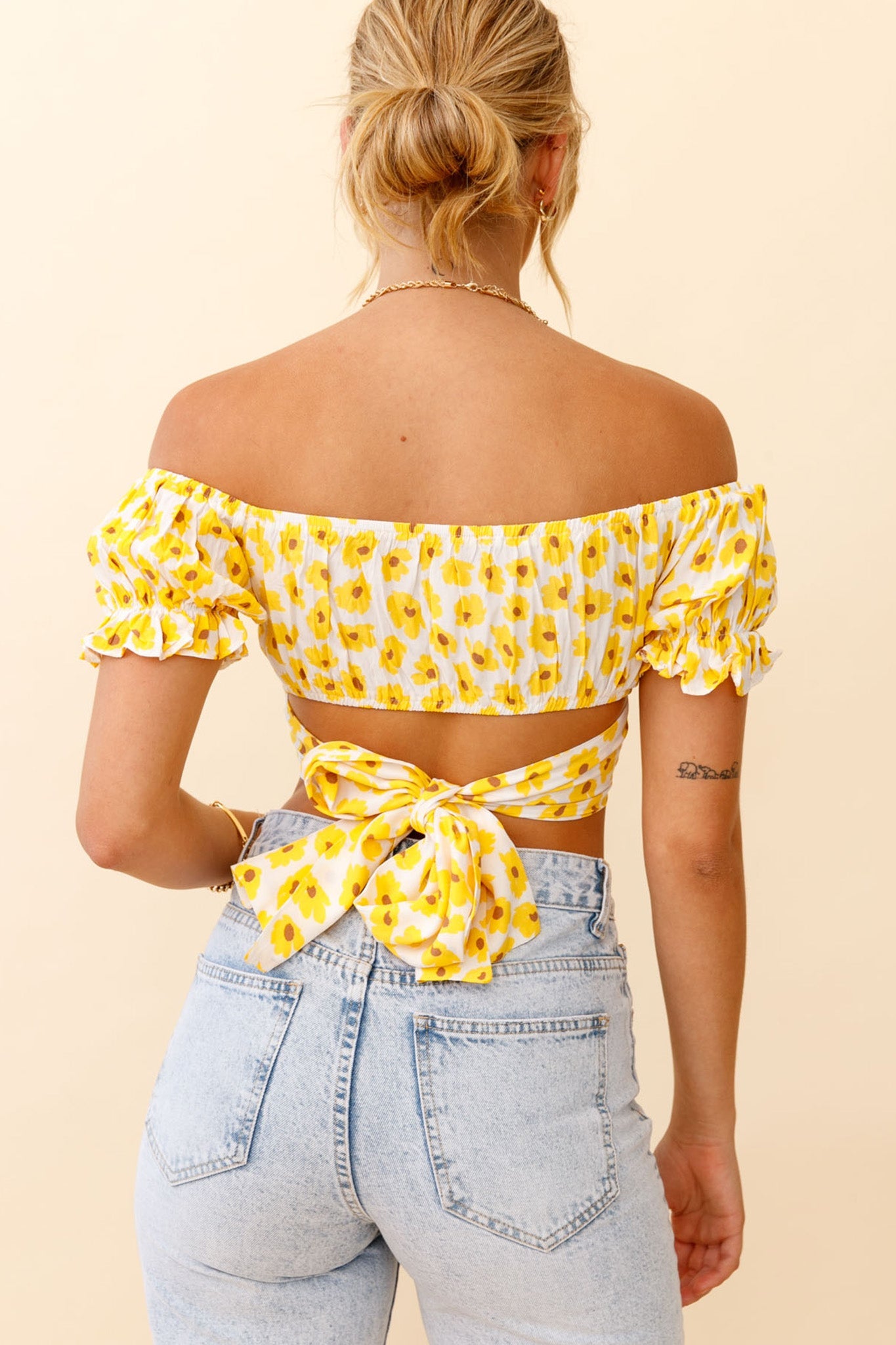 Linka Off-Shoulder Tie-Back Crop Top Flower Print Yellow by Selfie Leslie