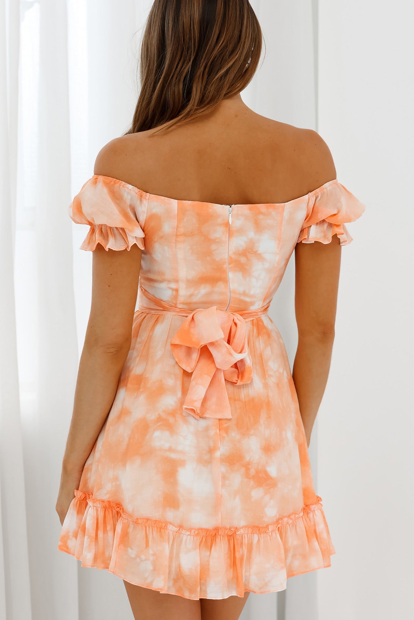 Linka Off-Shoulder Tie Back Dress Marbled Tie-Dye Orange by Selfie Leslie