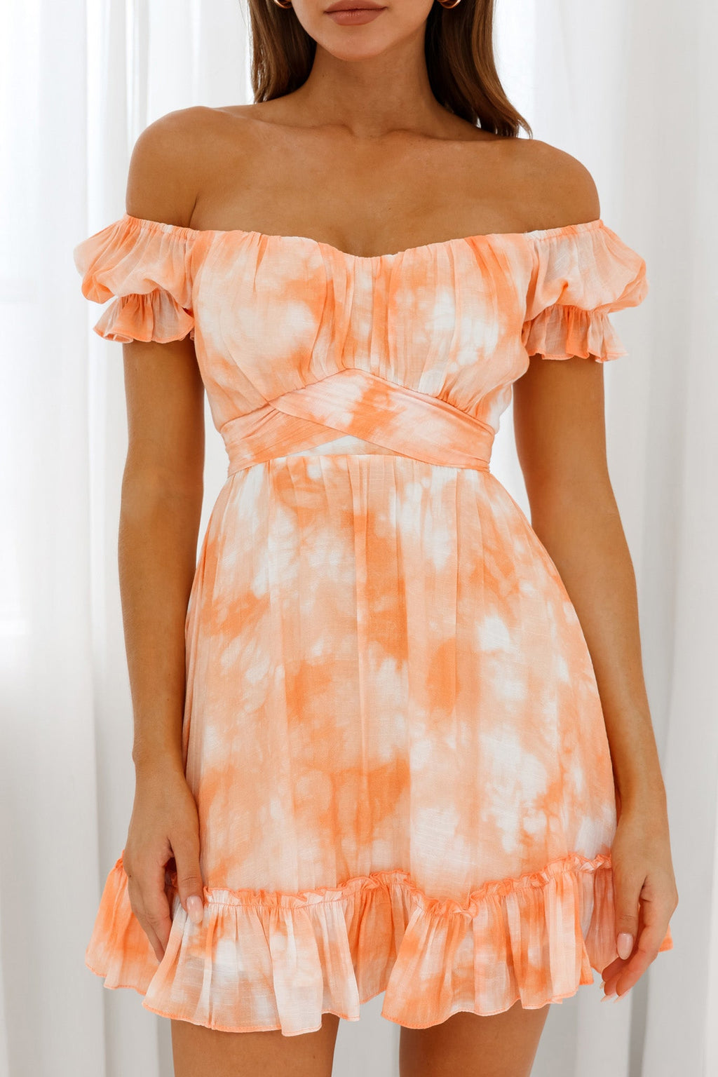 Linka Off-Shoulder Tie Back Dress Marbled Tie-Dye Orange by Selfie Leslie