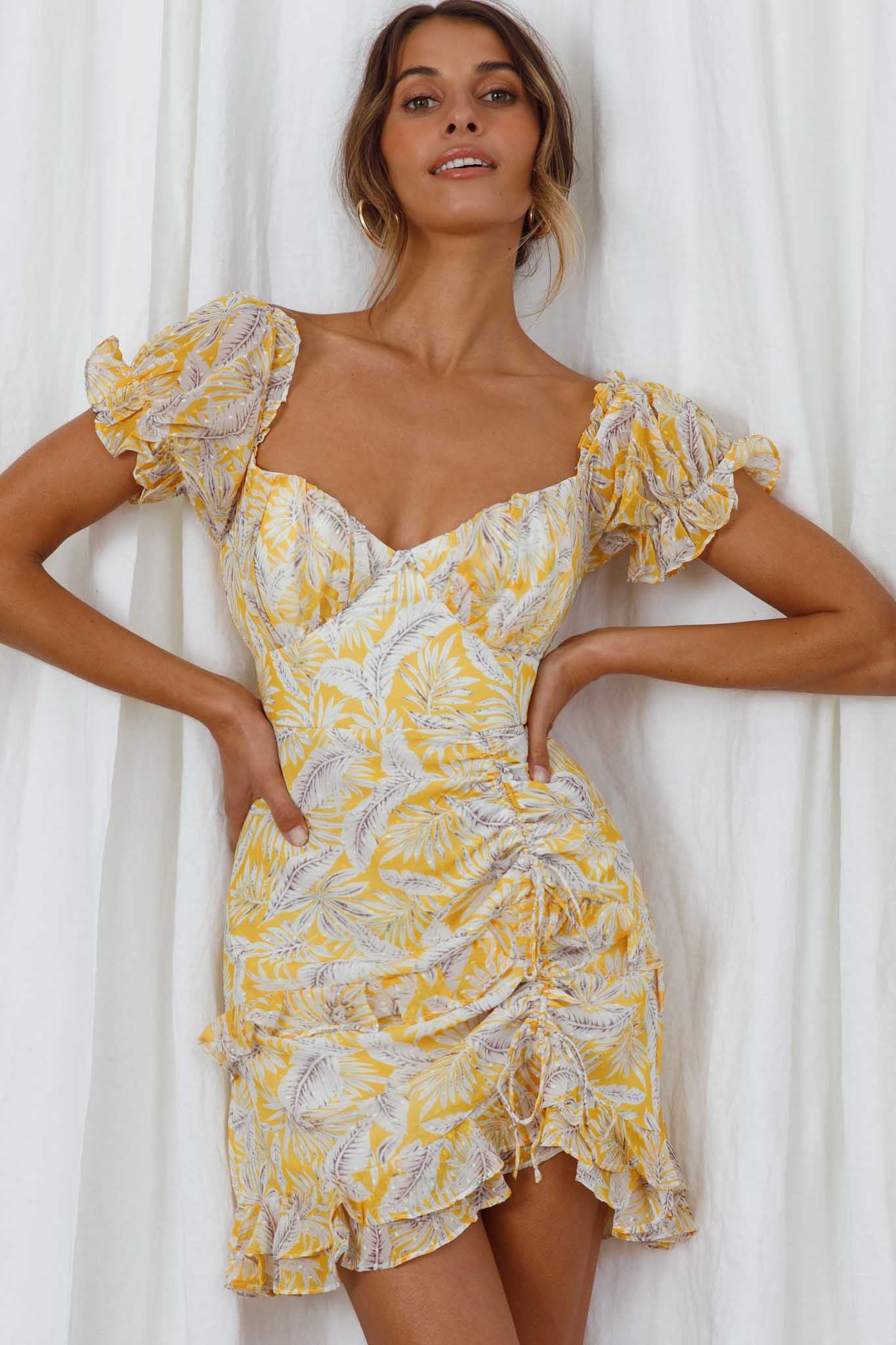 Linka Puff Sleeve Drawstring Detail Dress Palm Print Yellow by Selfie Leslie