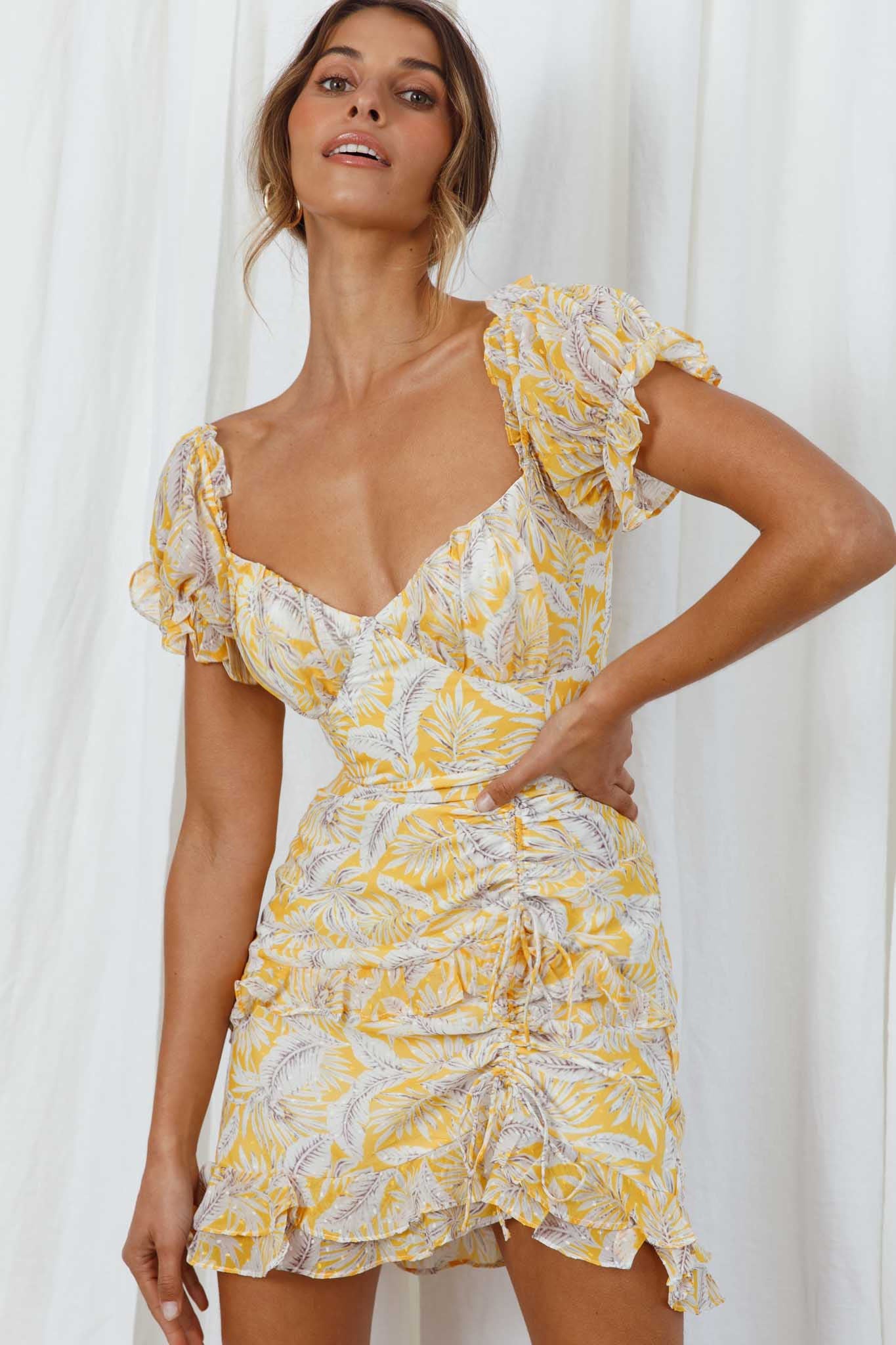 Linka Puff Sleeve Drawstring Detail Dress Palm Print Yellow by Selfie Leslie