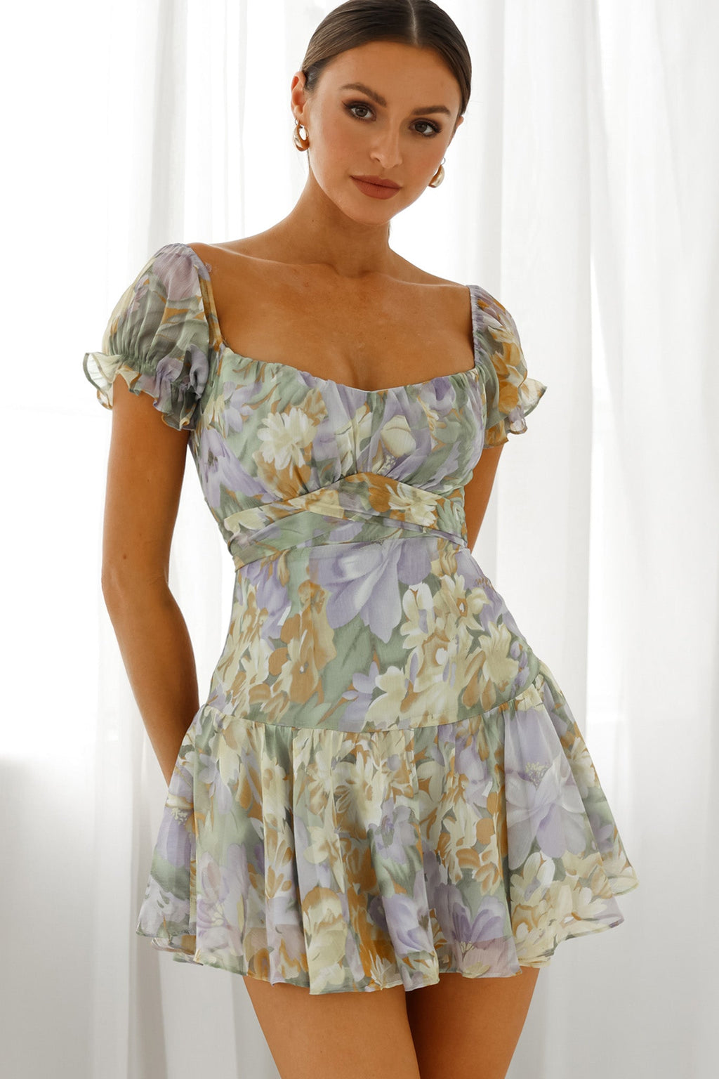 Linka Off-Shoulder Tie Back Fluted Hem Dress Floral Print Yellow by Selfie Leslie