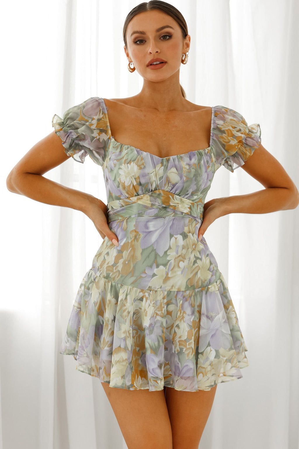 Linka Off-Shoulder Tie Back Fluted Hem Dress Floral Print Yellow by Selfie Leslie
