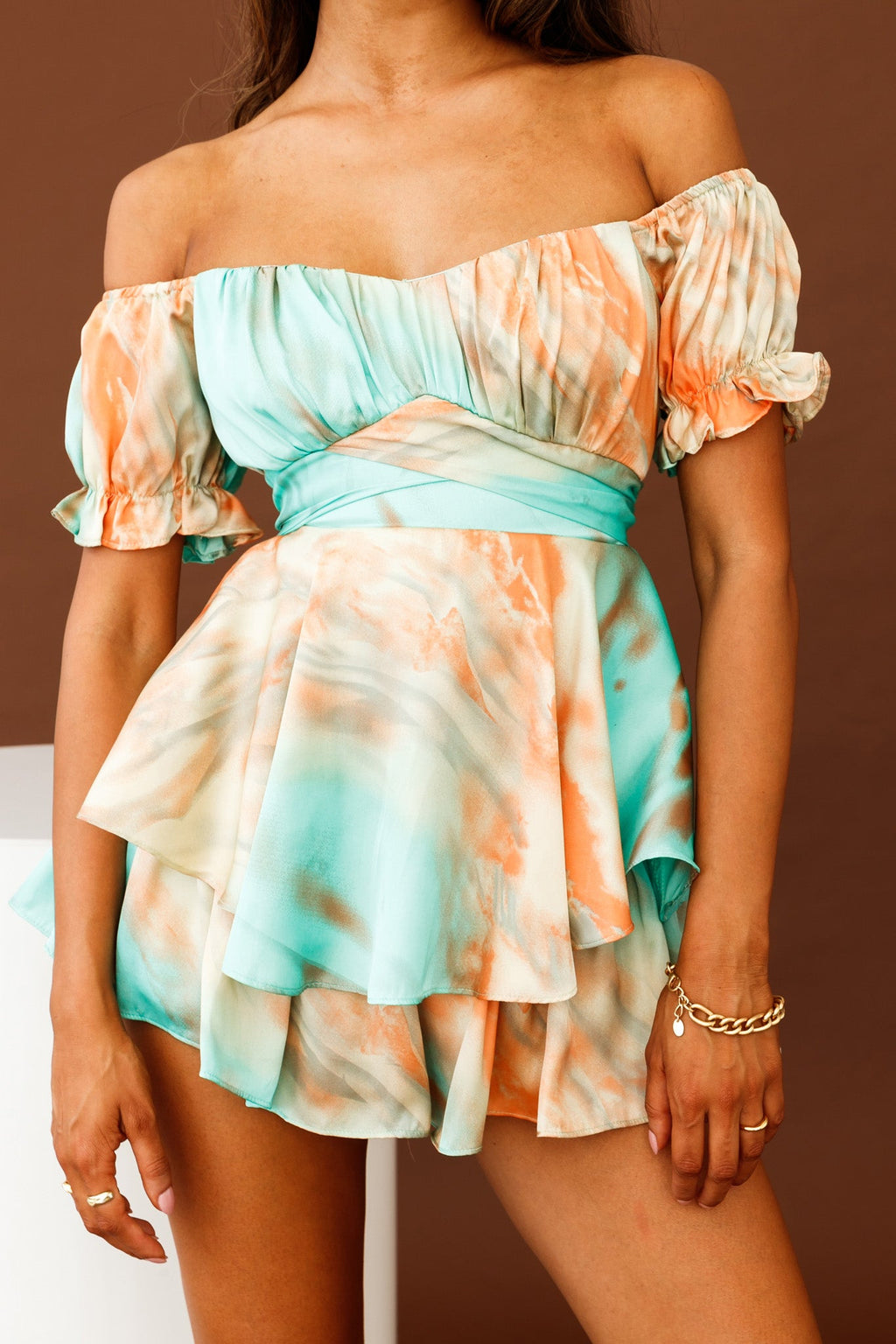 Linka Off-Shoulder Tie Back Romper Tie-Dye Orange/Teal by Selfie Leslie