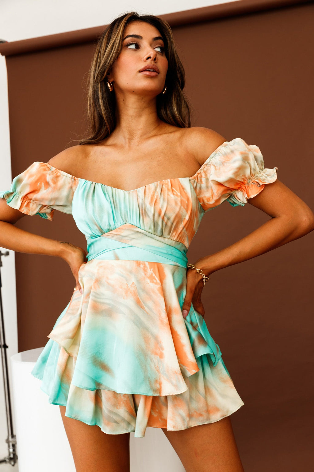 Linka Off-Shoulder Tie Back Romper Tie-Dye Orange/Teal by Selfie Leslie