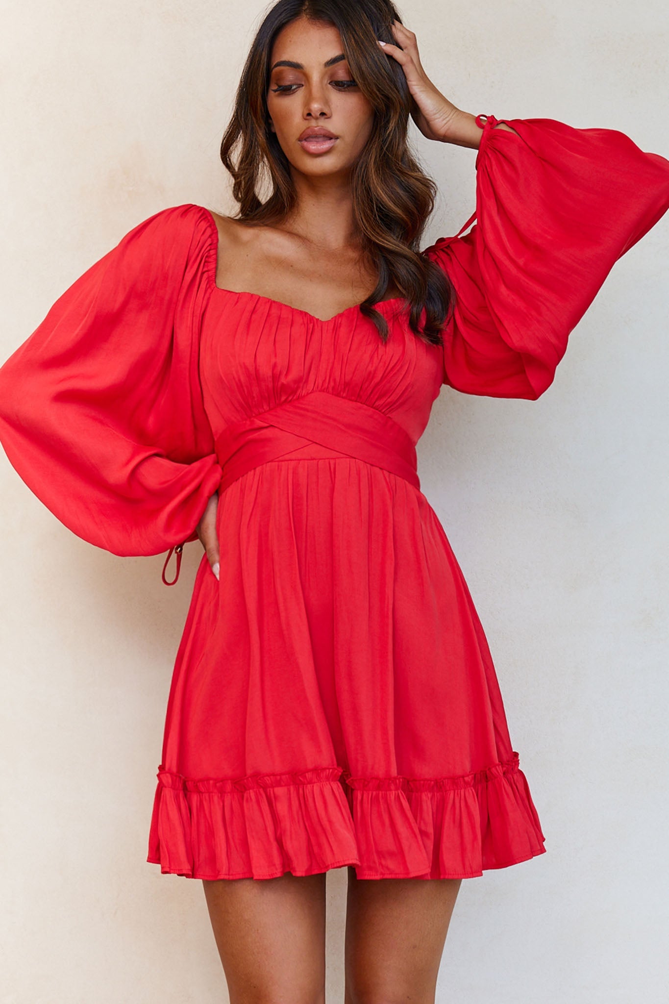 Linka On Or Off-Shoulder Long Sleeve Tie-Back Dress Red by Selfie Leslie