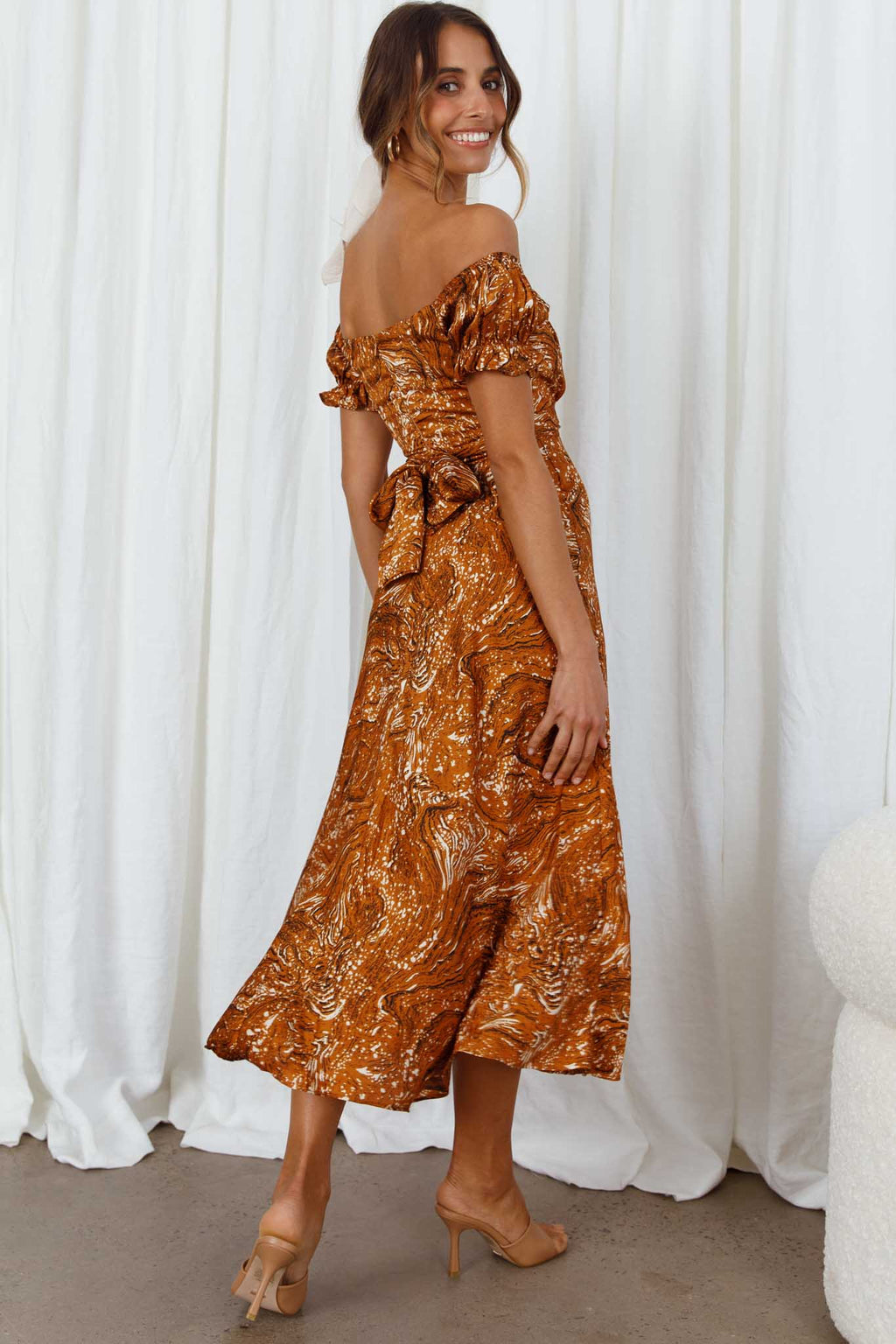 Linka Off-Shoulder Tie Back Midi Dress Marbled Print Mustard by Selfie Leslie